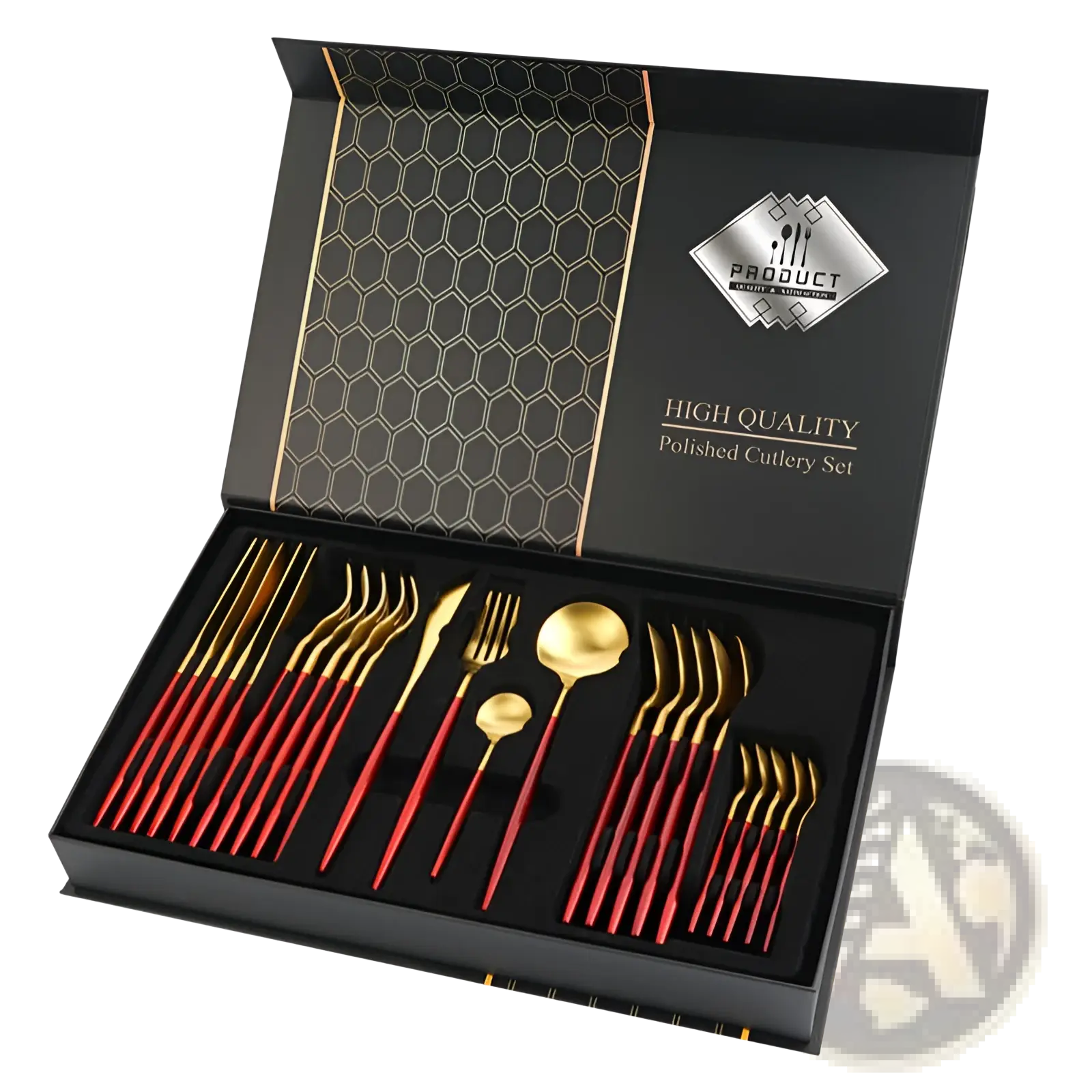 Stainless steel cutlery set 24 piece luxury gift box with gold and red two tone polished utensils in black box