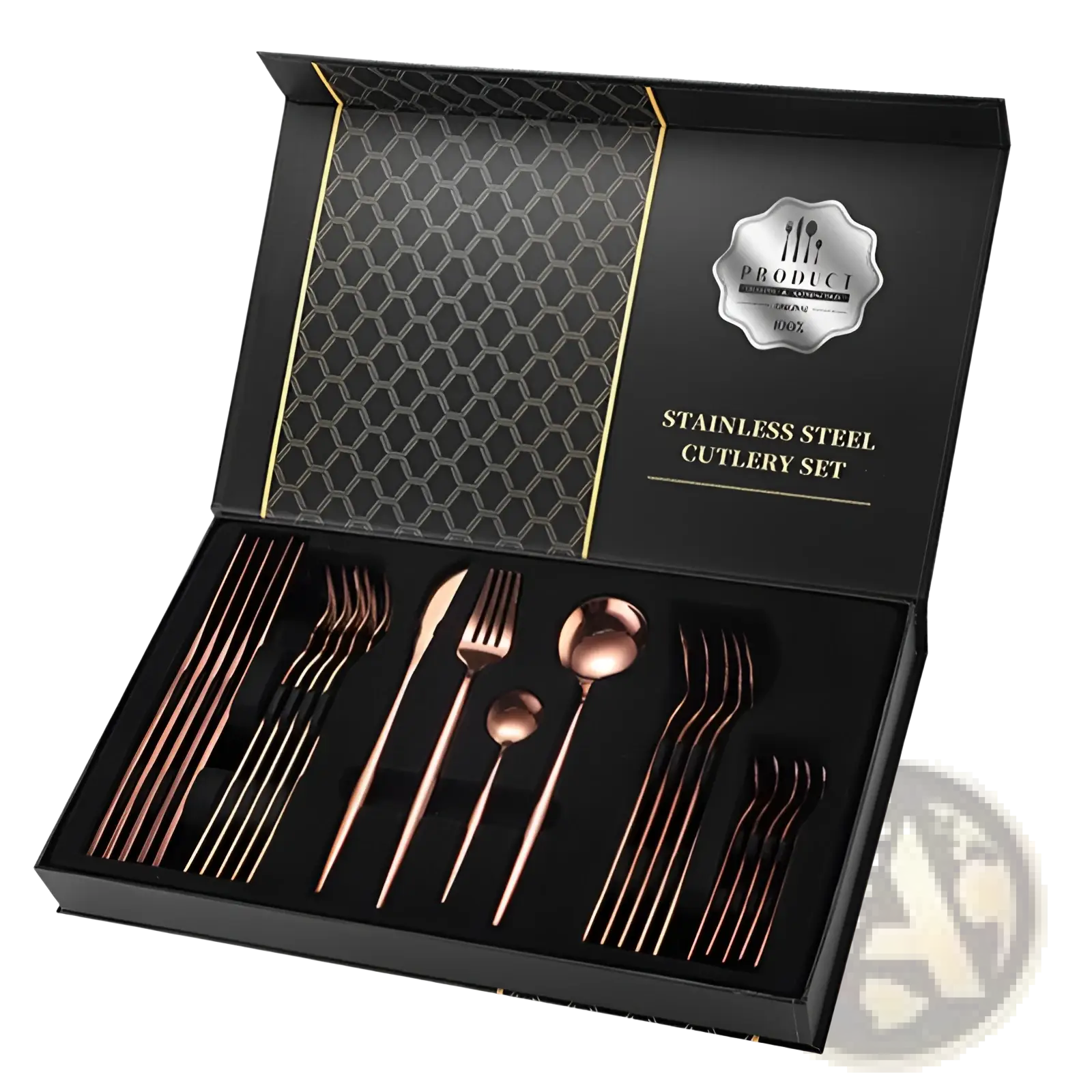 Rose gold stainless steel cutlery set 24 piece luxury gift box with hexagonal patterned black interior