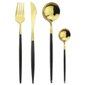 Modern gold polished stainless steel flatware set with gold polished heads and black matte finished handles in sleek design
