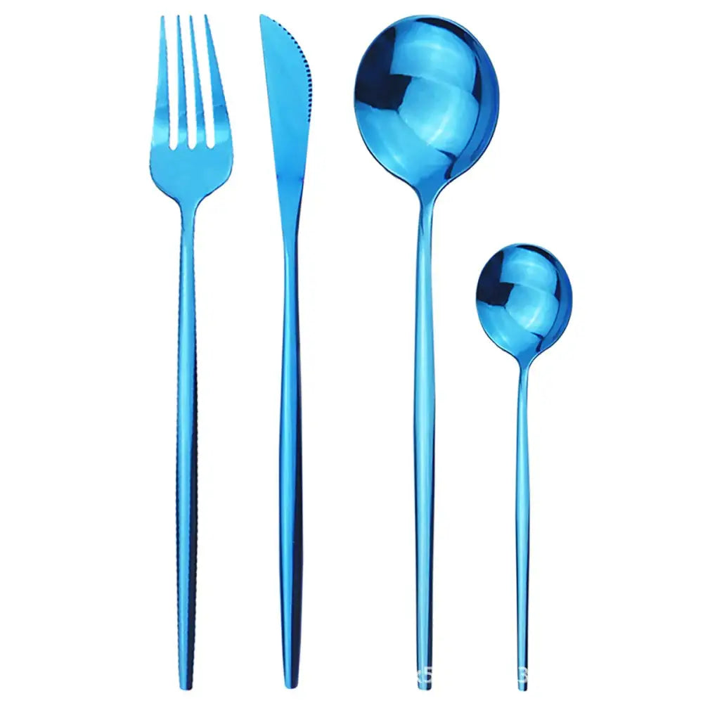 Set of four blue metallic flatware pieces including fork knife and spoons in modern gold polished stainless steel design