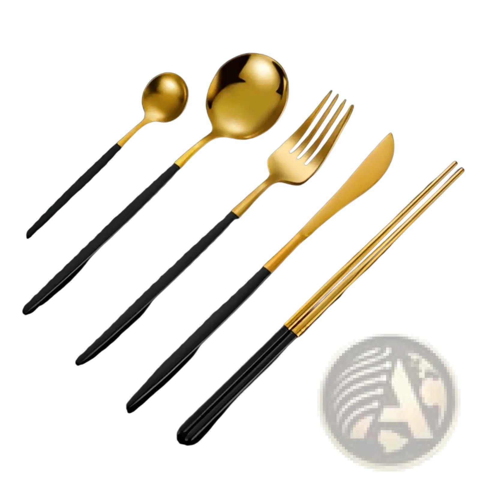 Stainless steel cutlery set with gold finish and sleek black handles including chopsticks five piece set
