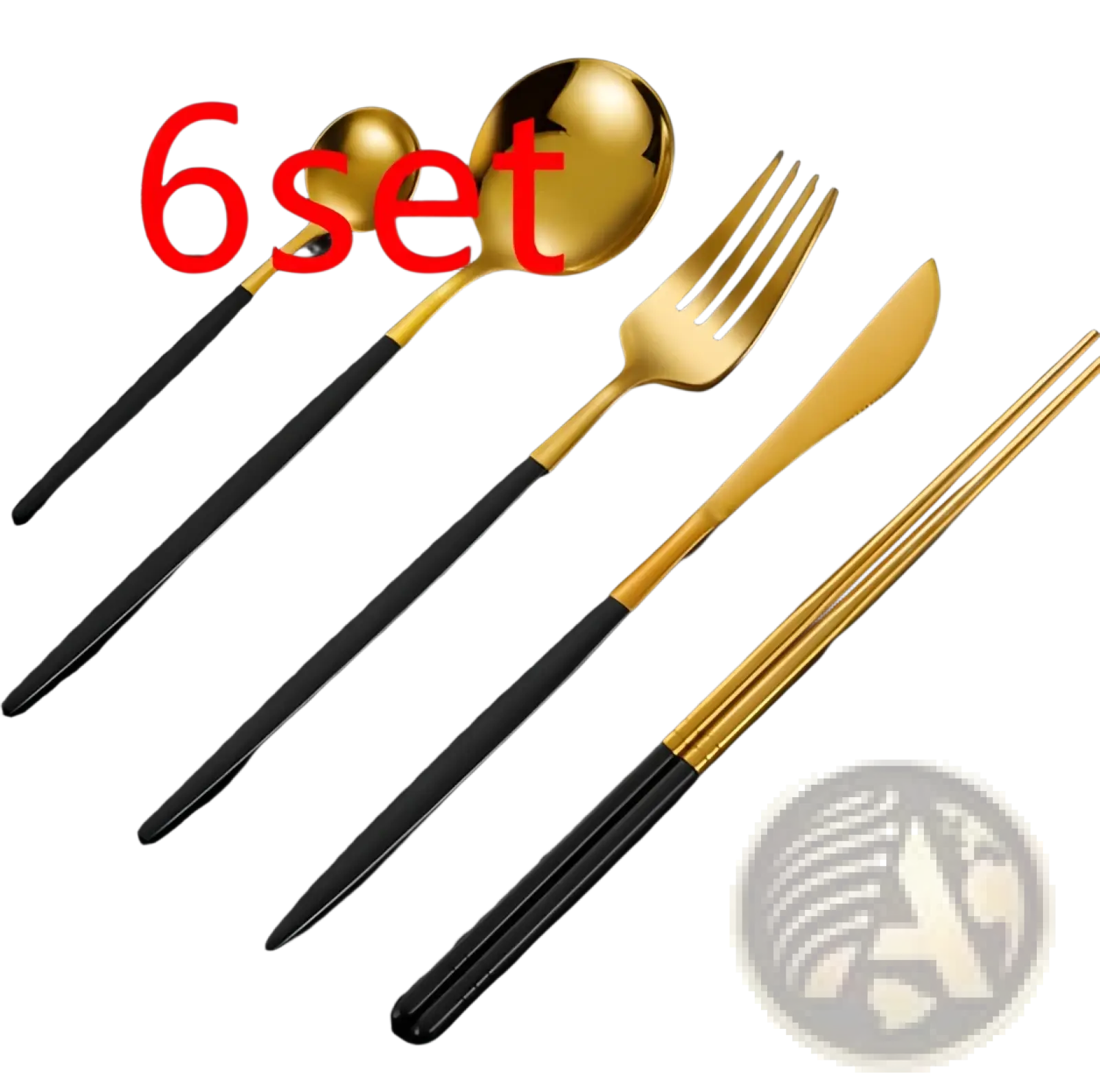 Stainless steel cutlery set with chopsticks 5pc in gold and black two-tone design for elegant dining use