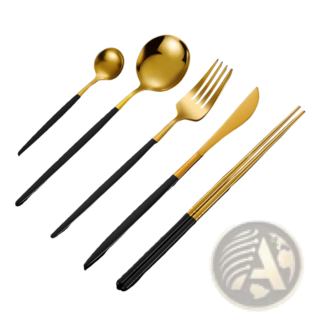 Gold and black two-tone stainless steel cutlery set with chopsticks featuring a sleek modern design in five pieces