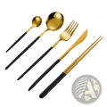 Gold and black two-tone stainless steel cutlery set with chopsticks featuring a sleek modern design in five pieces