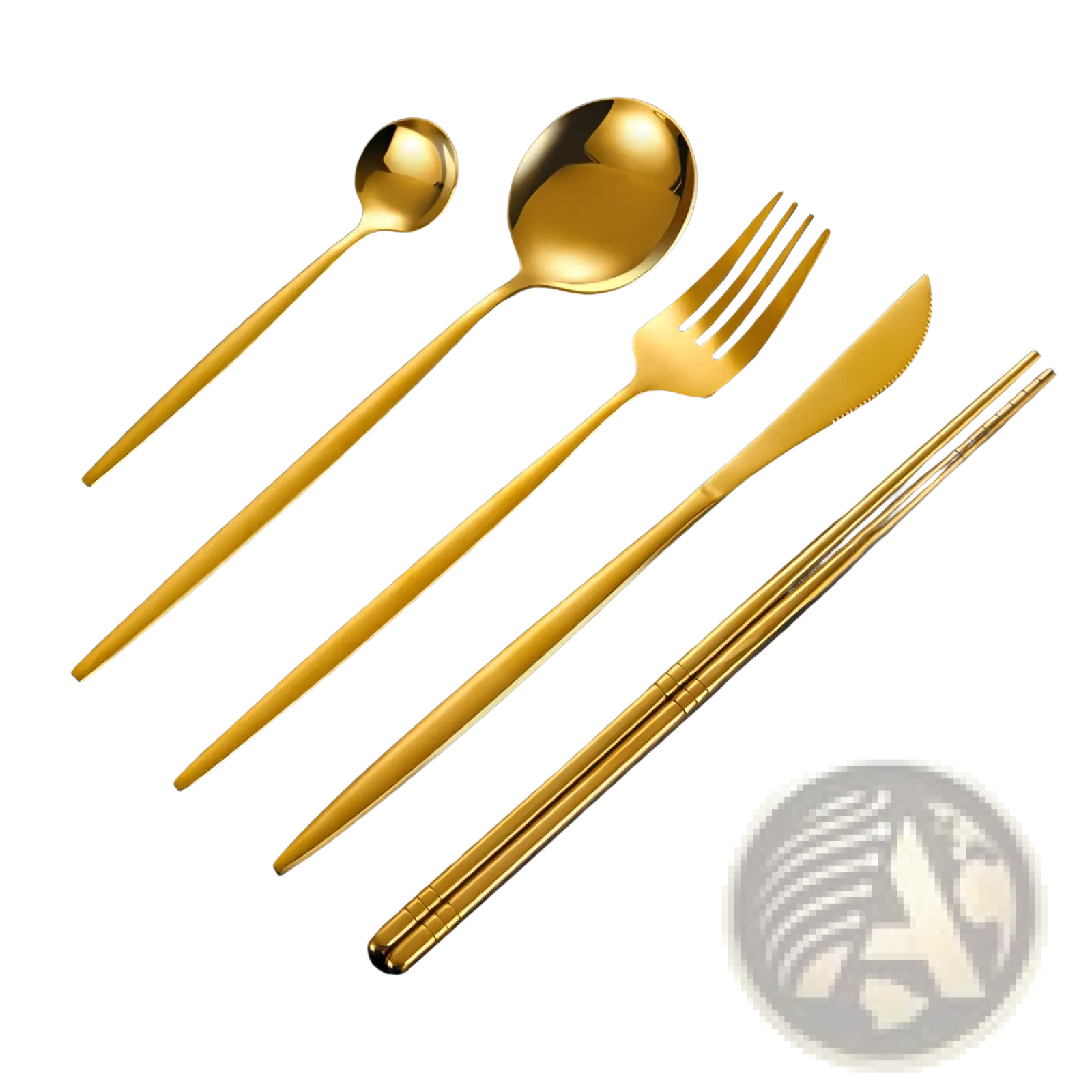 Golden stainless steel cutlery set with spoon fork knife and chopsticks featuring sleek modern design five pieces