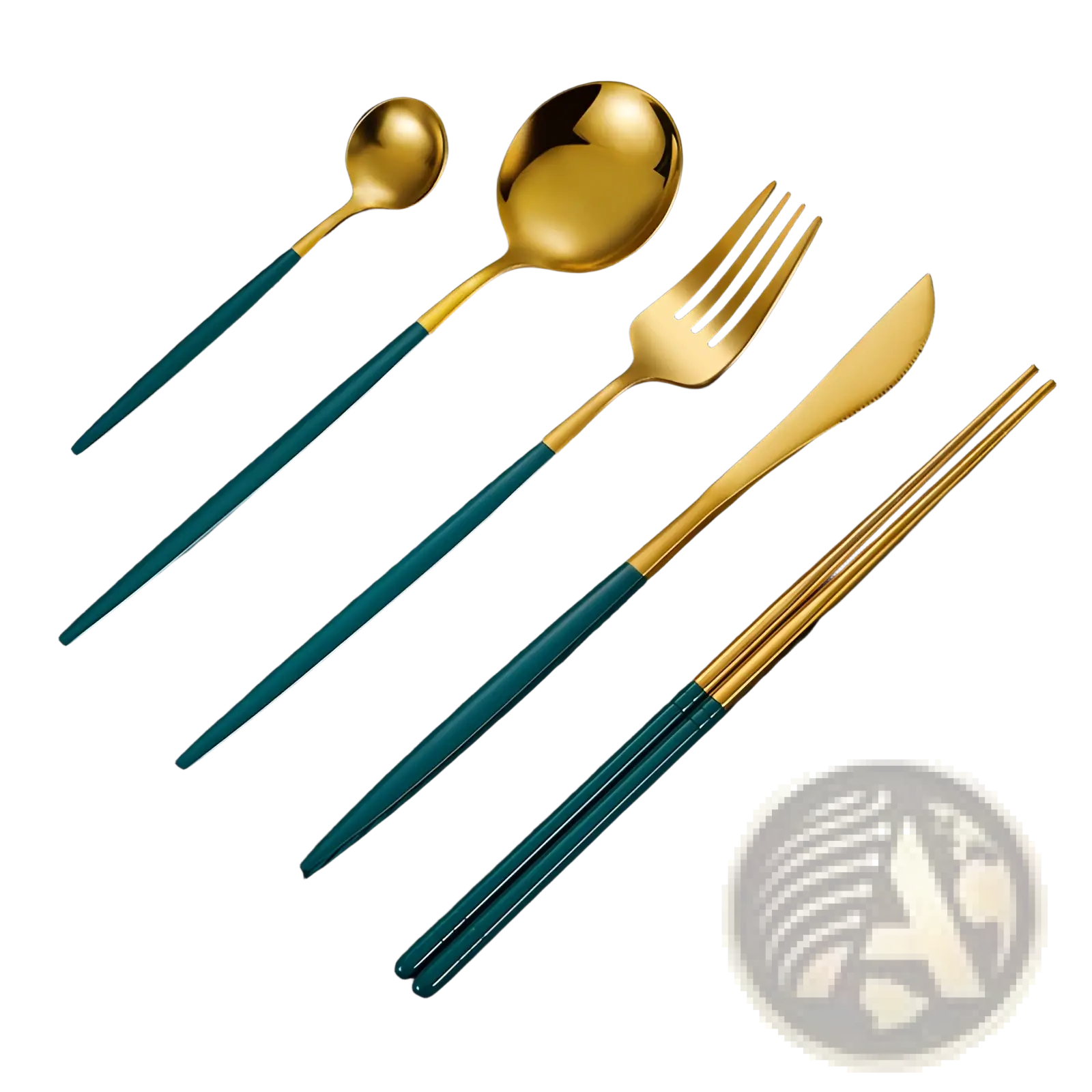 Stainless steel cutlery set with chopsticks 5pc featuring gold and teal two-tone sleek modern design