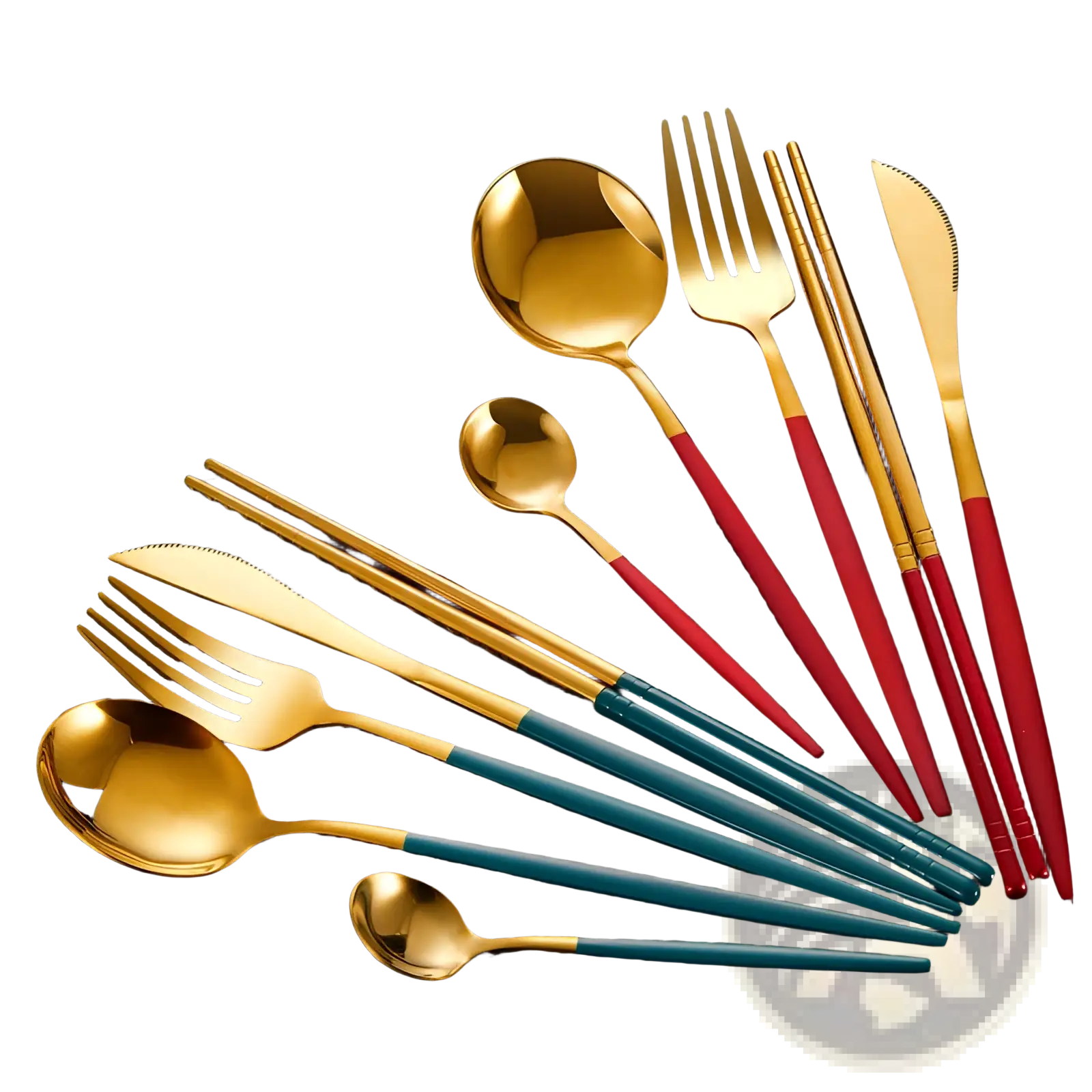 Set of five stainless steel cutlery with gold-toned blades and red and teal ergonomic handles including chopsticks