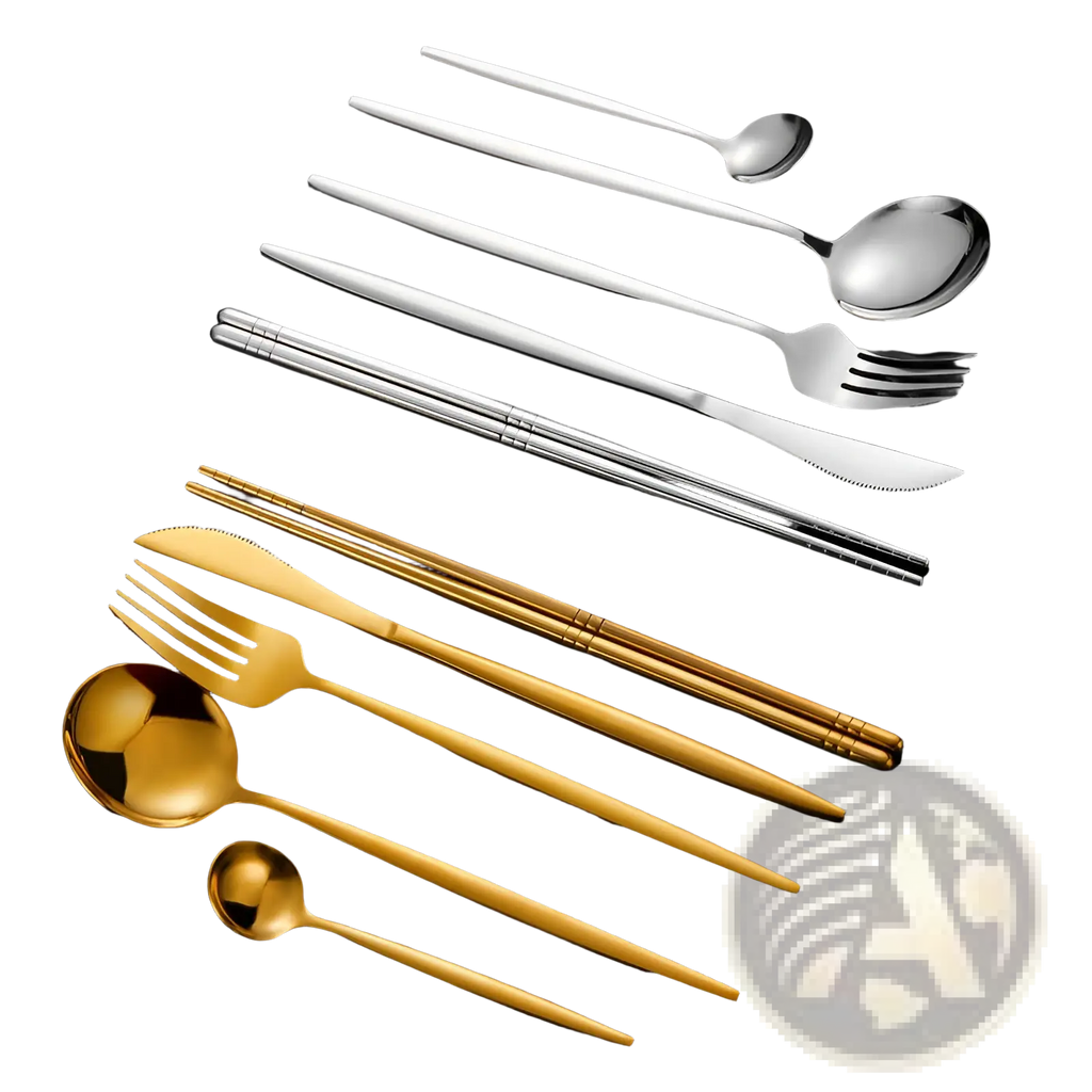 Set of two-toned stainless steel and gold-plated cutlery with sleek modern design including chopsticks five-piece set