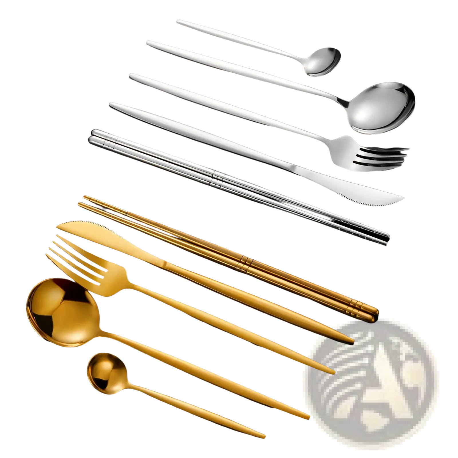 Set of two-toned stainless steel and gold-plated cutlery with sleek modern design including chopsticks five-piece set