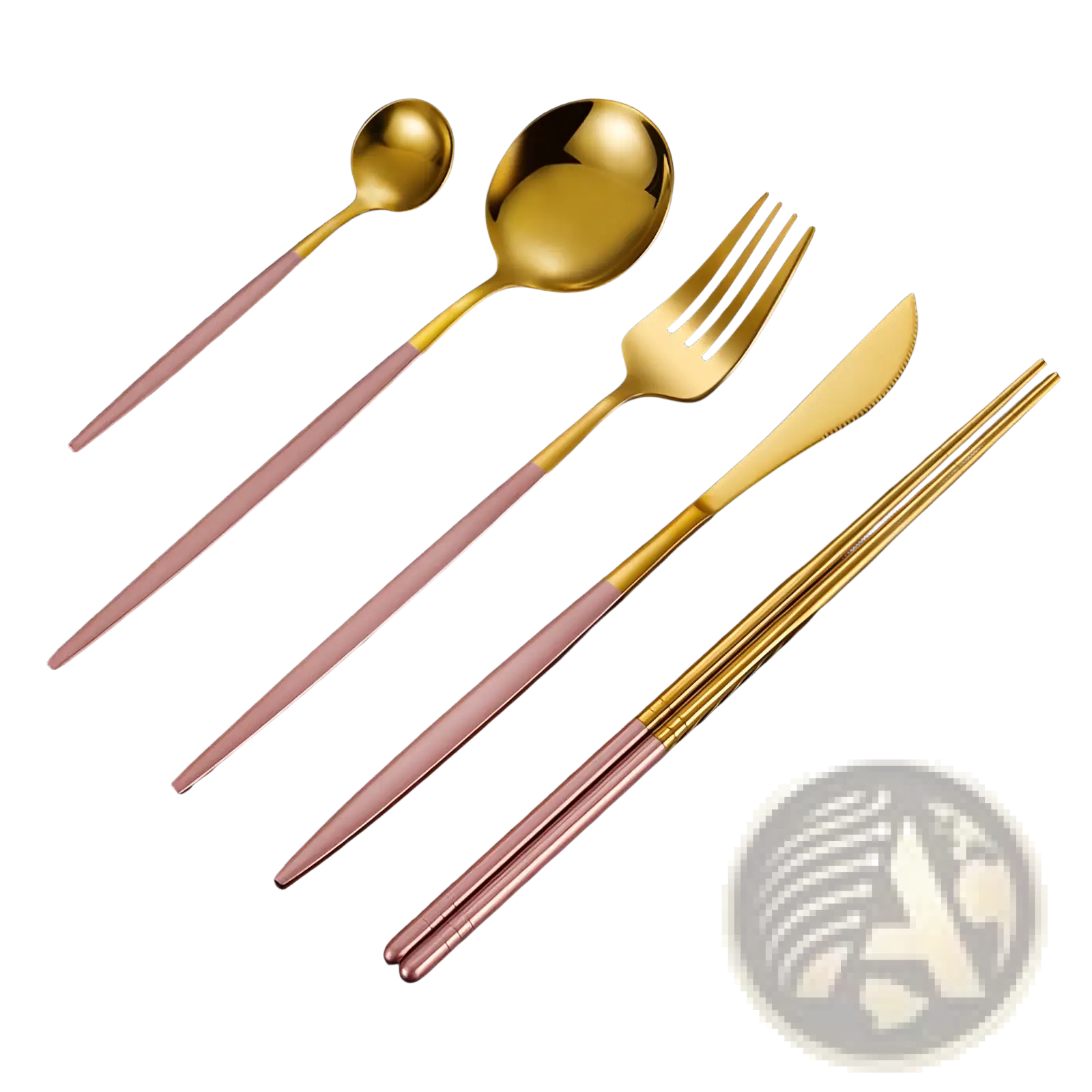 Stainless steel cutlery set with chopsticks 5pc in gold and rose gold two-tone with modern sleek design