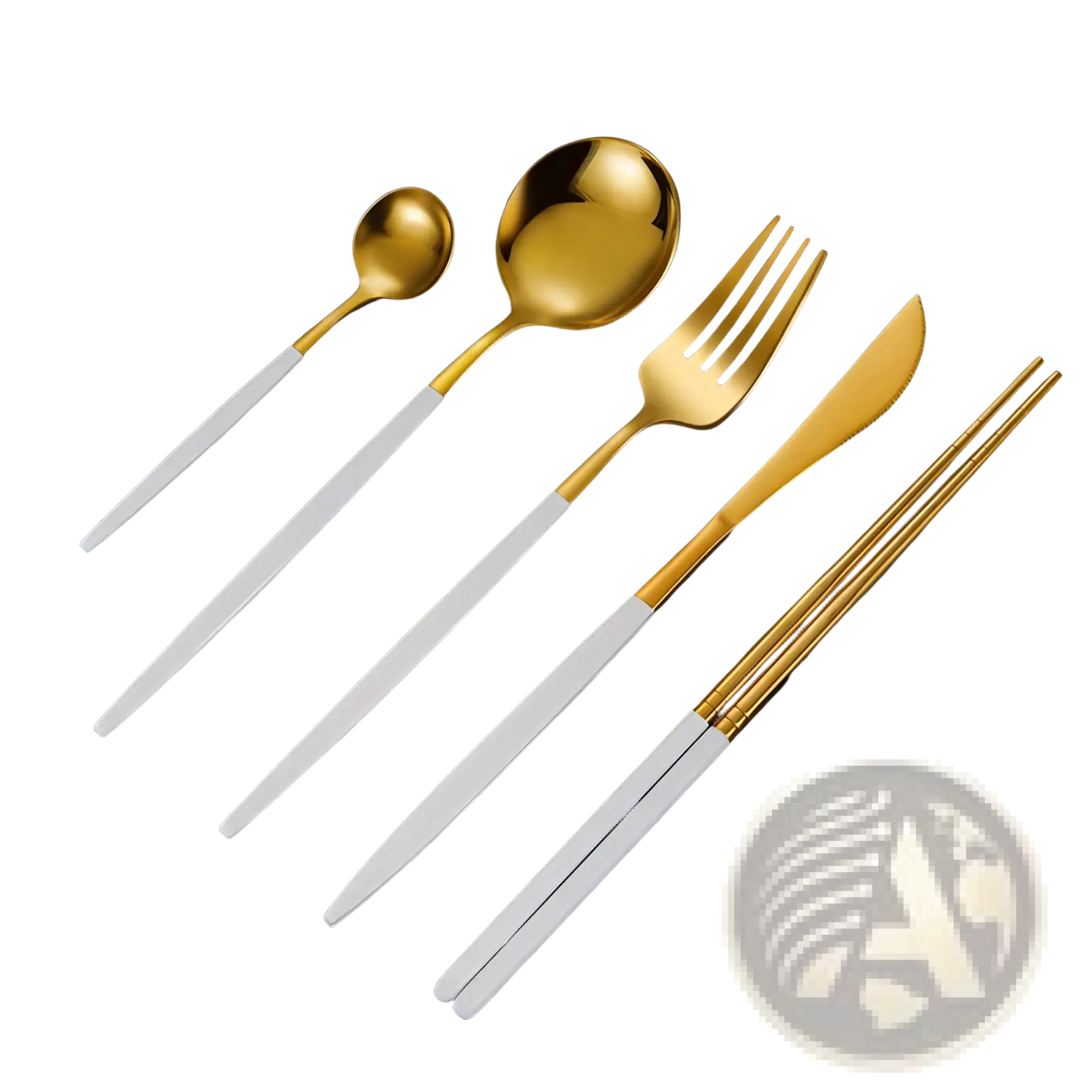 Stainless steel cutlery set with chopsticks 5pc in gold and white two-tone with a modern sleek design
