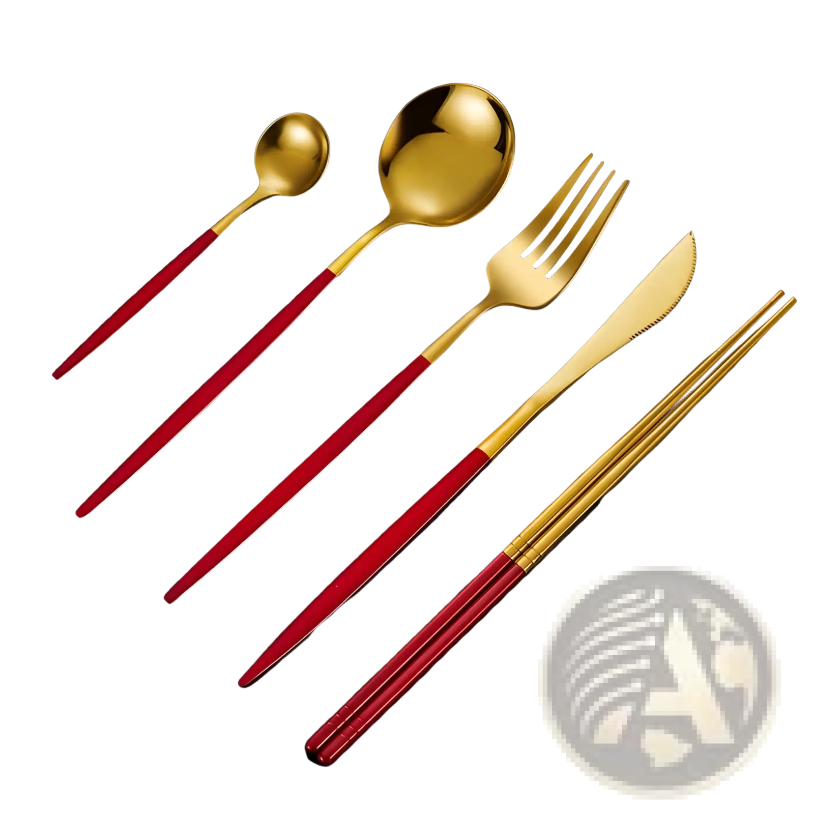 Stainless steel cutlery set with chopsticks 5pc featuring golden and red two-tone finish for elegant dining
