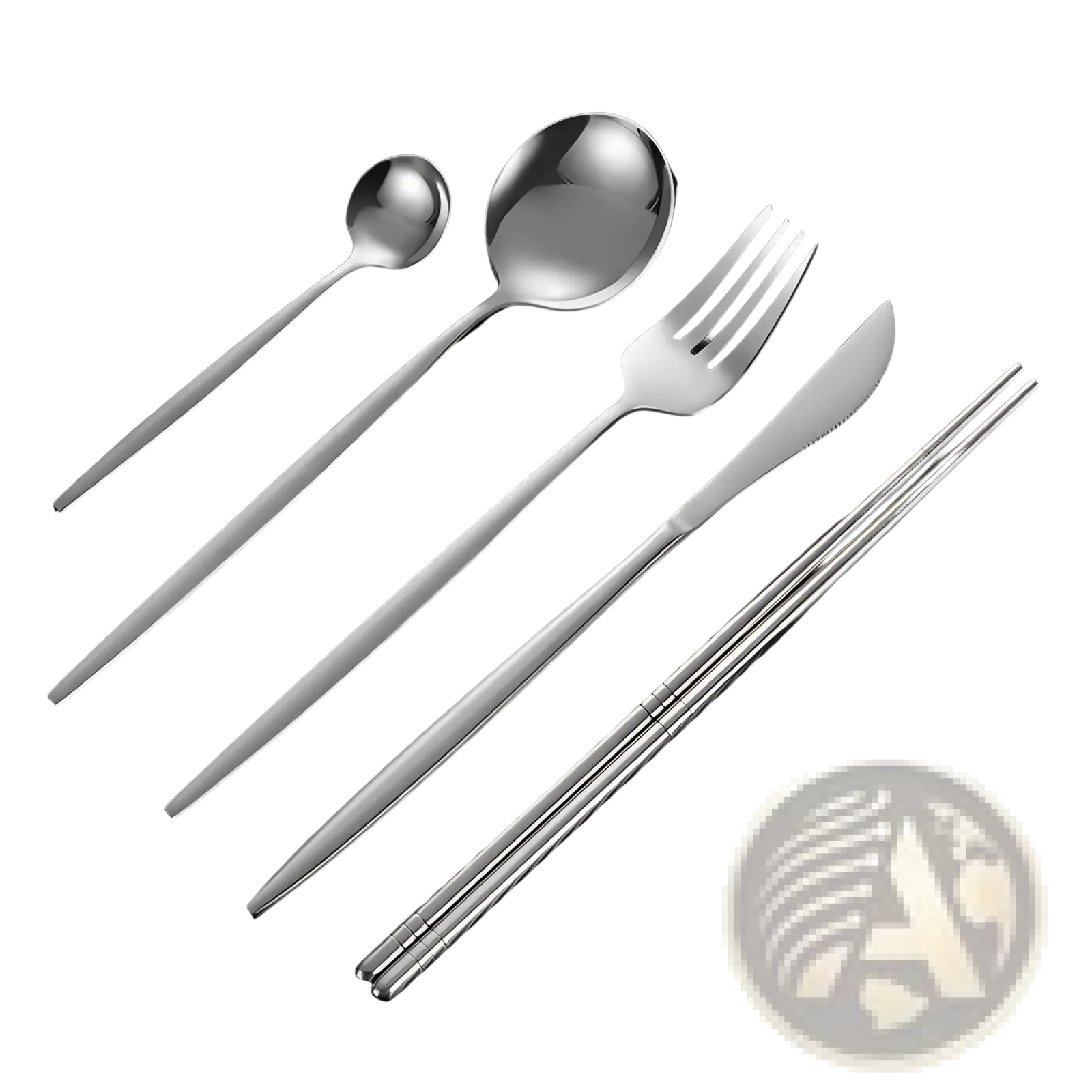 Shiny stainless steel cutlery set with spoon fork knife and chopsticks featuring sleek modern design in silver tone