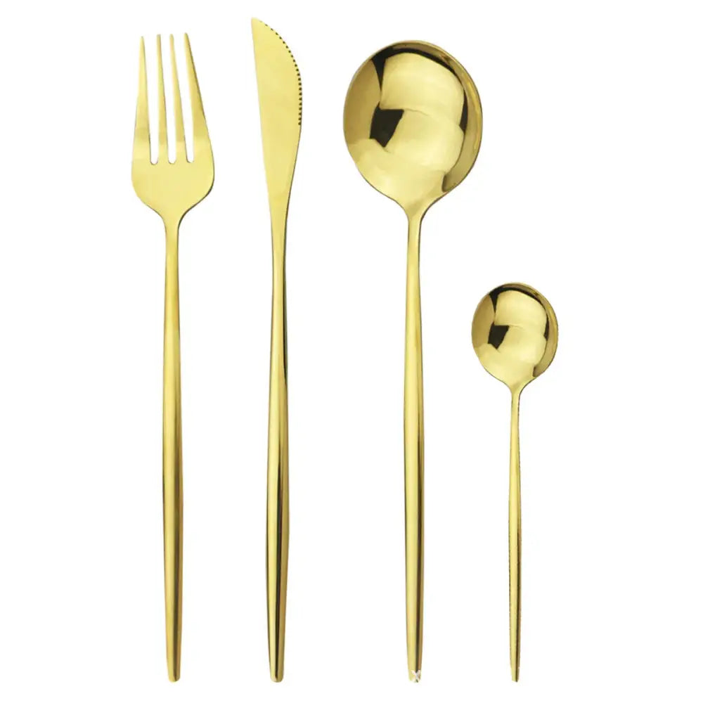 Modern gold polished stainless steel flatware set with sleek design and polished metallic finish