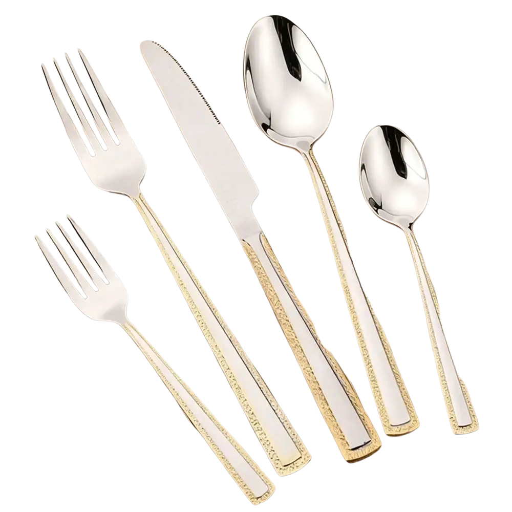 Set of elegant stainless steel cutlery with gold accent handles featuring modern design and polished finish