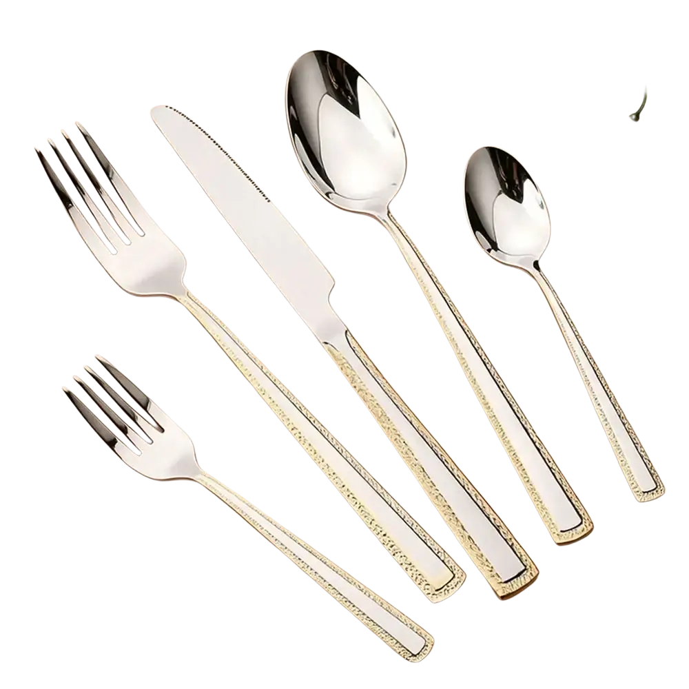 Shiny stainless steel cutlery set with gold-tone textured handles including fork knife and two spoons