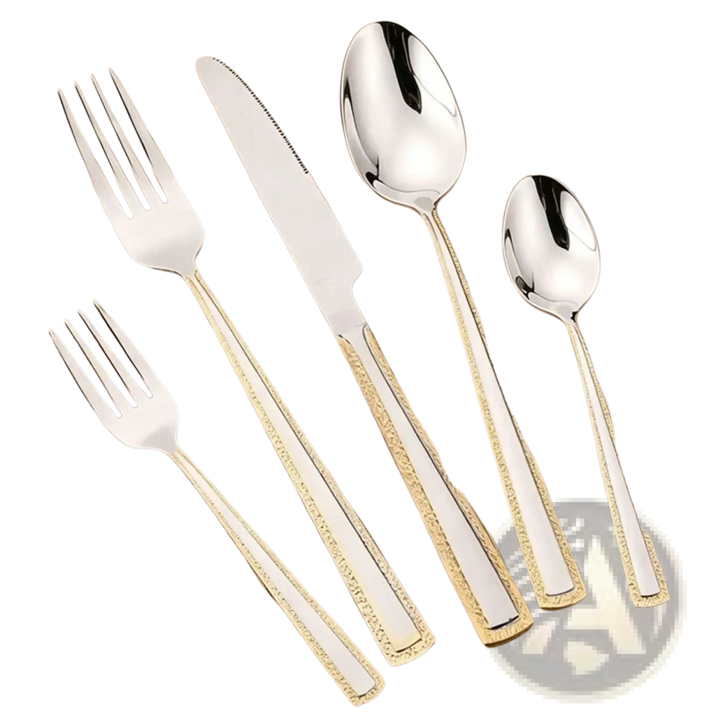 Set of elegant stainless steel cutlery with gold accent handles featuring modern design and polished finish