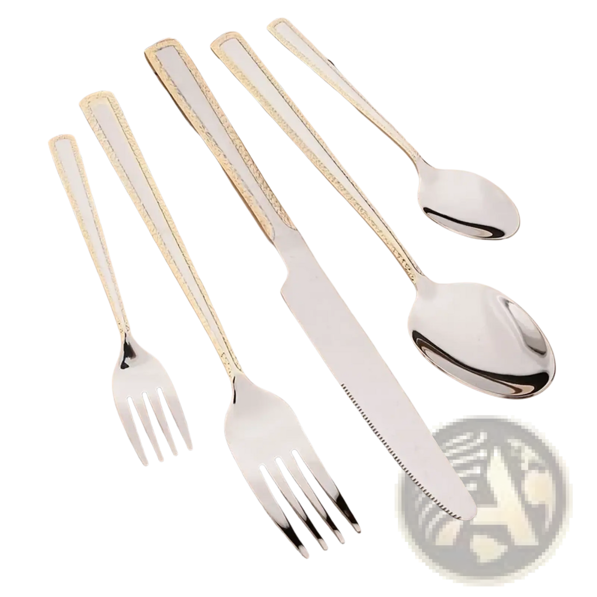 Set of stainless steel cutlery with gold accent flatware featuring elegant handles and a sleek modern design