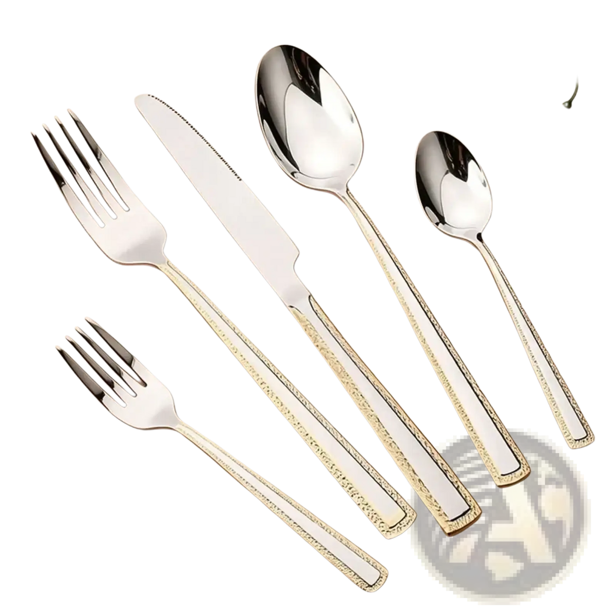 Shiny stainless steel cutlery set with gold-tone textured handles including fork knife and two spoons