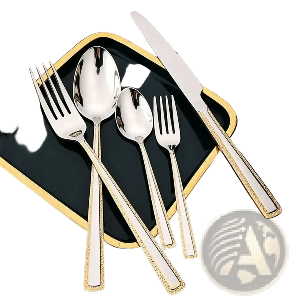 Shiny silver-toned stainless steel cutlery set with gold-accented handles including fork spoon and knife on black tray
