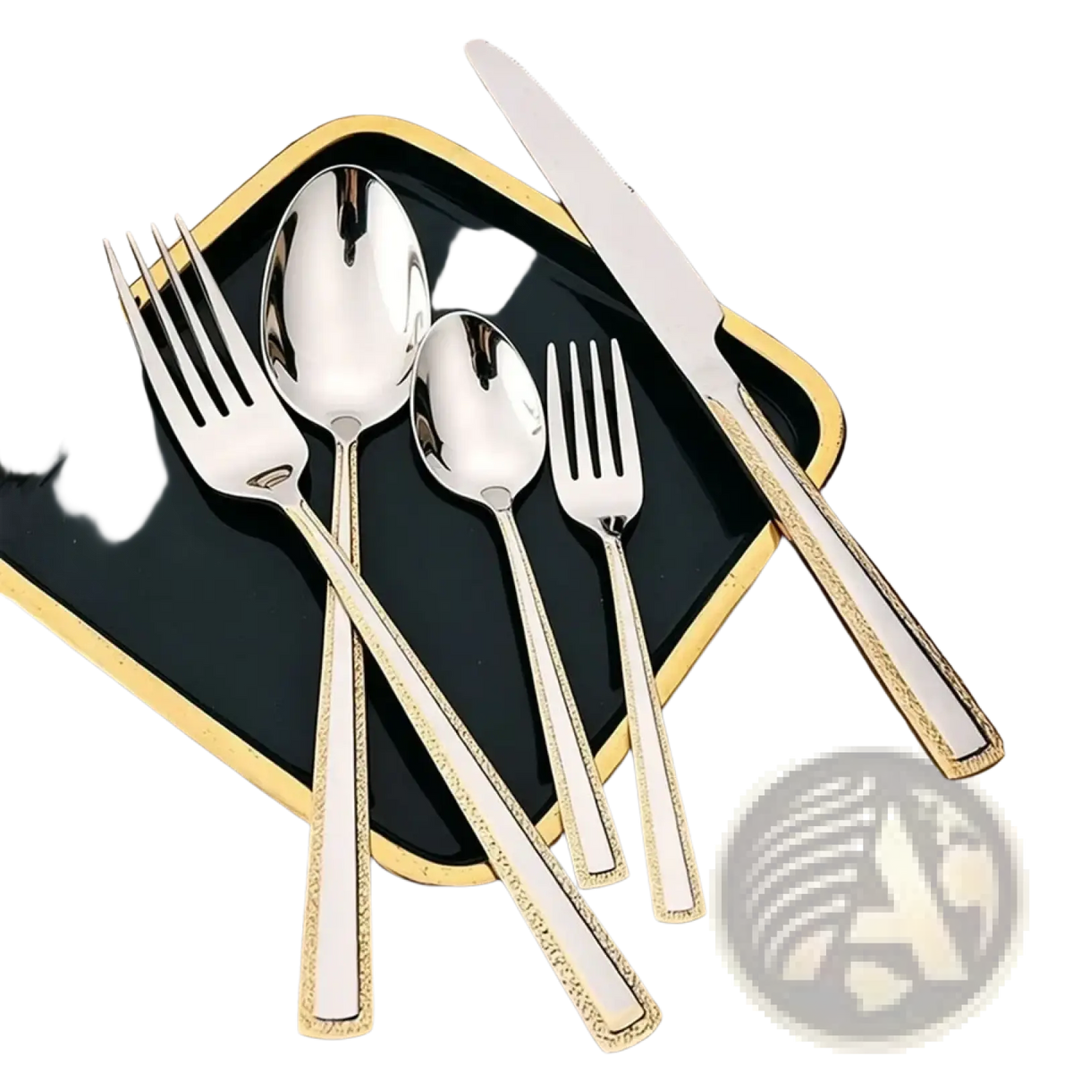 Shiny silver-toned stainless steel cutlery set with gold-accented handles including fork spoon and knife on black tray