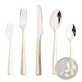 Set of stainless steel cutlery with gold accent textured handles and polished silver blades for elegant dining