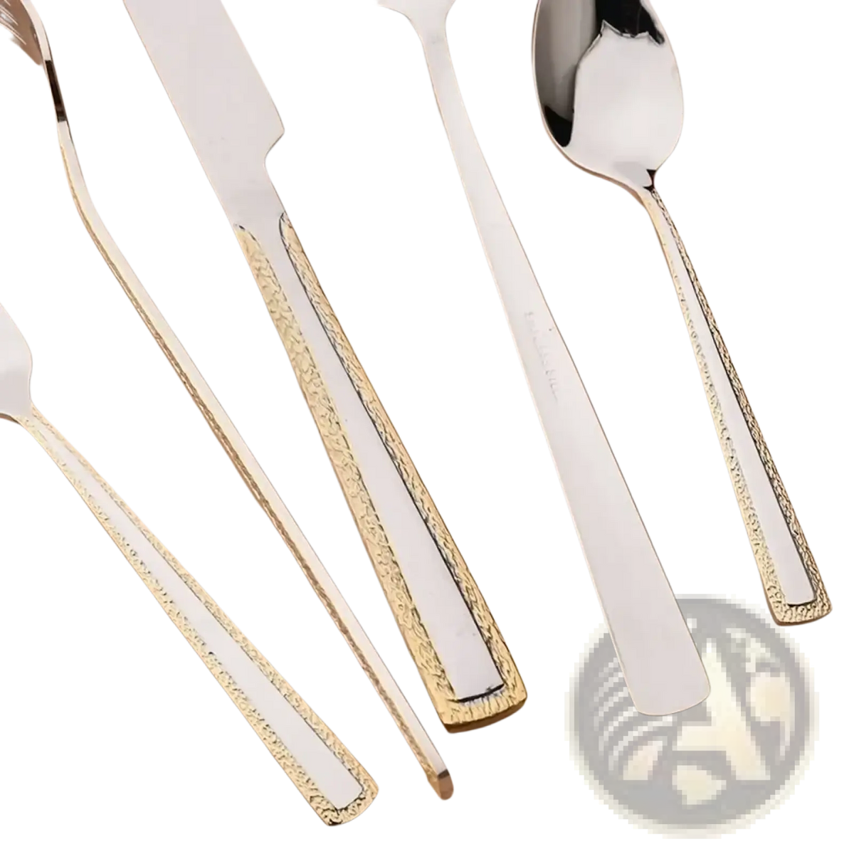 Silver and gold two-tone stainless steel cutlery set with gold accent and textured ornate handles for elegant dining