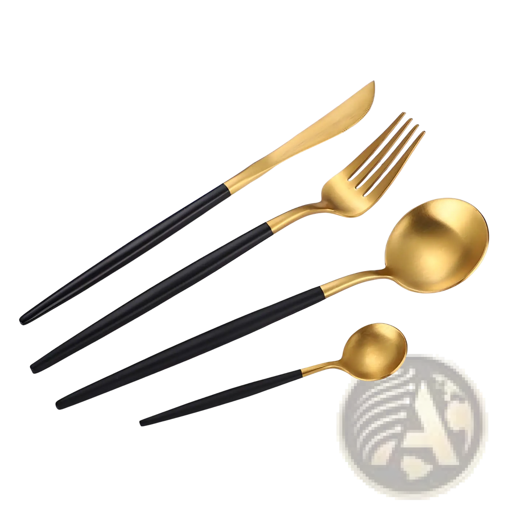 Stainless steel cutlery set with green gold handles featuring black and gold two-tone design for elegant dining