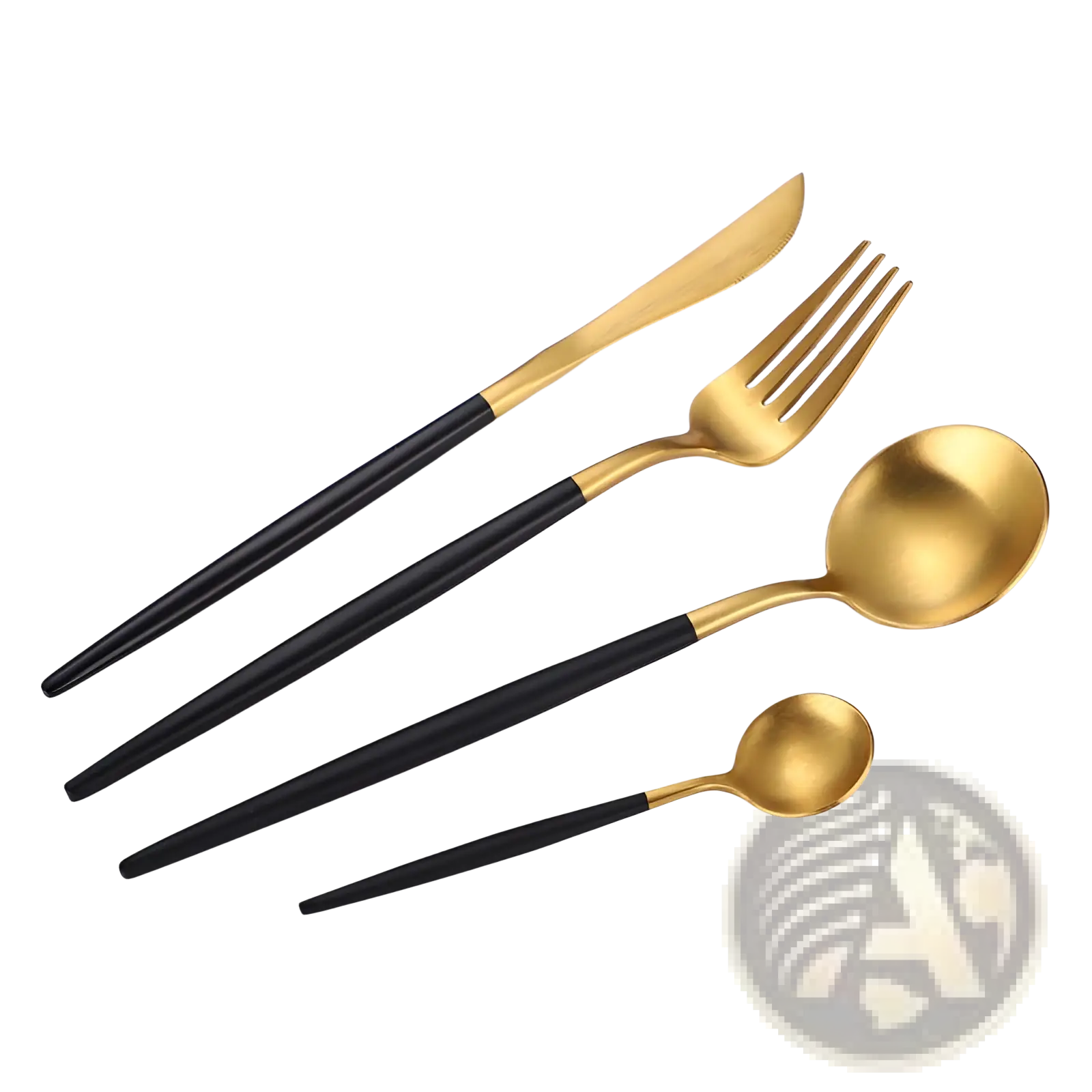 Stainless steel cutlery set with green gold handles featuring black and gold two-tone design for elegant dining