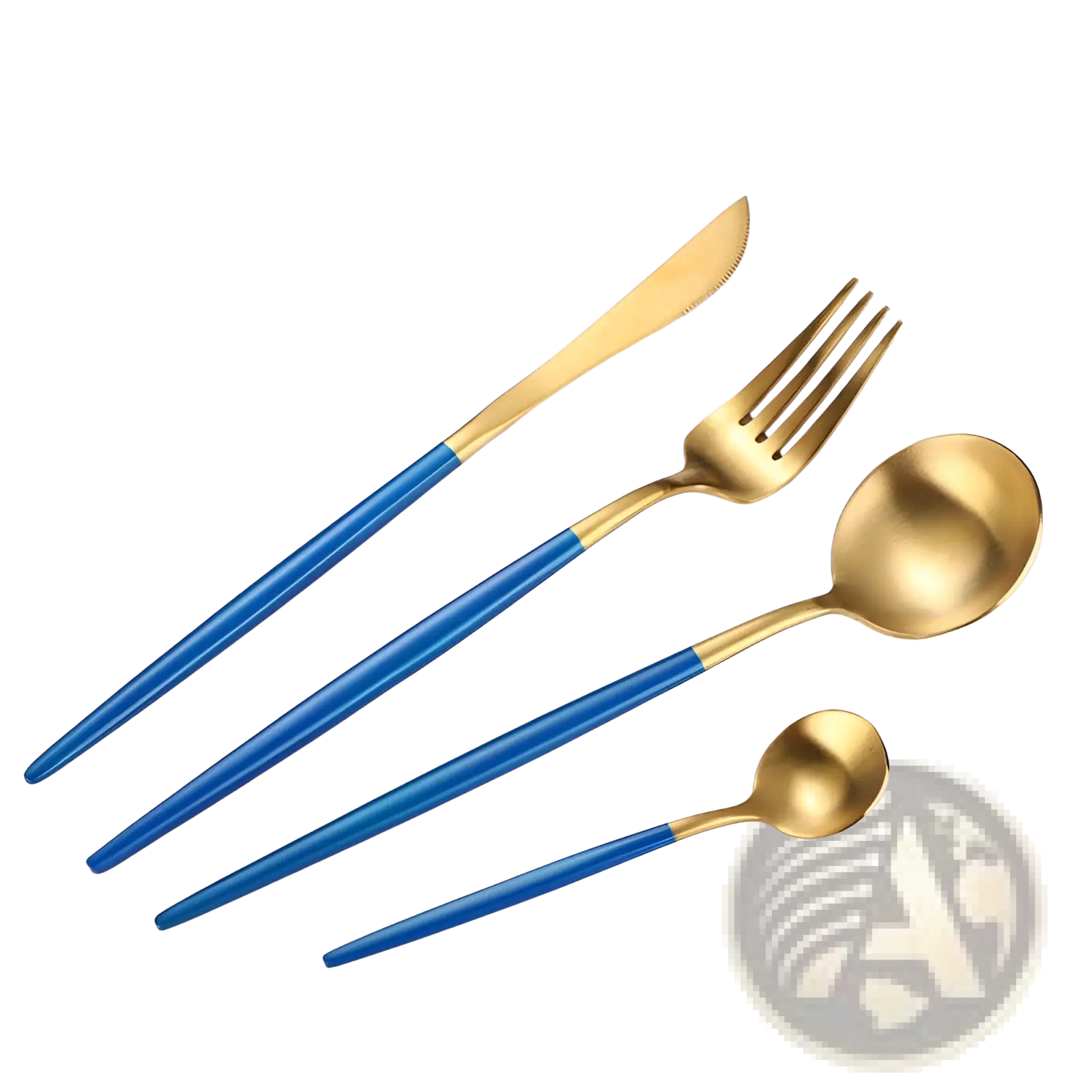 Set of four stainless steel cutlery with blue matte handles and gold toned heads including knife fork spoon and smaller spoon