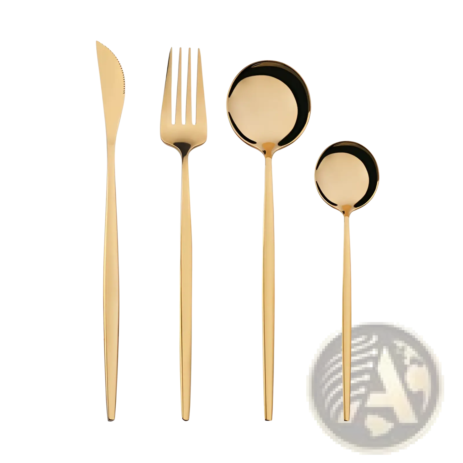 Stainless steel cutlery set with green gold handles featuring sleek modern design and polished gold-toned surfaces