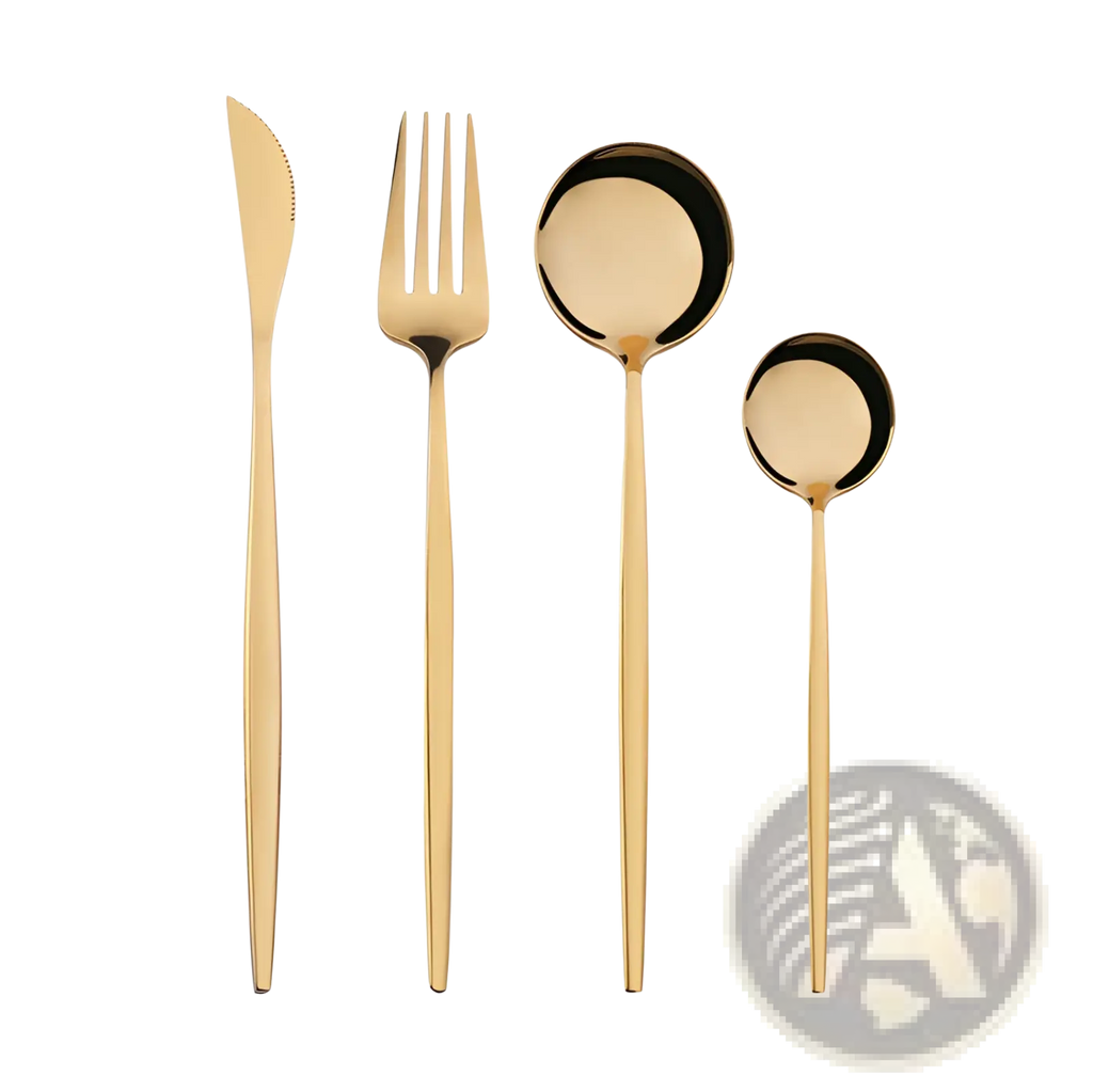 Stainless steel cutlery set with green gold handles featuring sleek modern design and polished surfaces