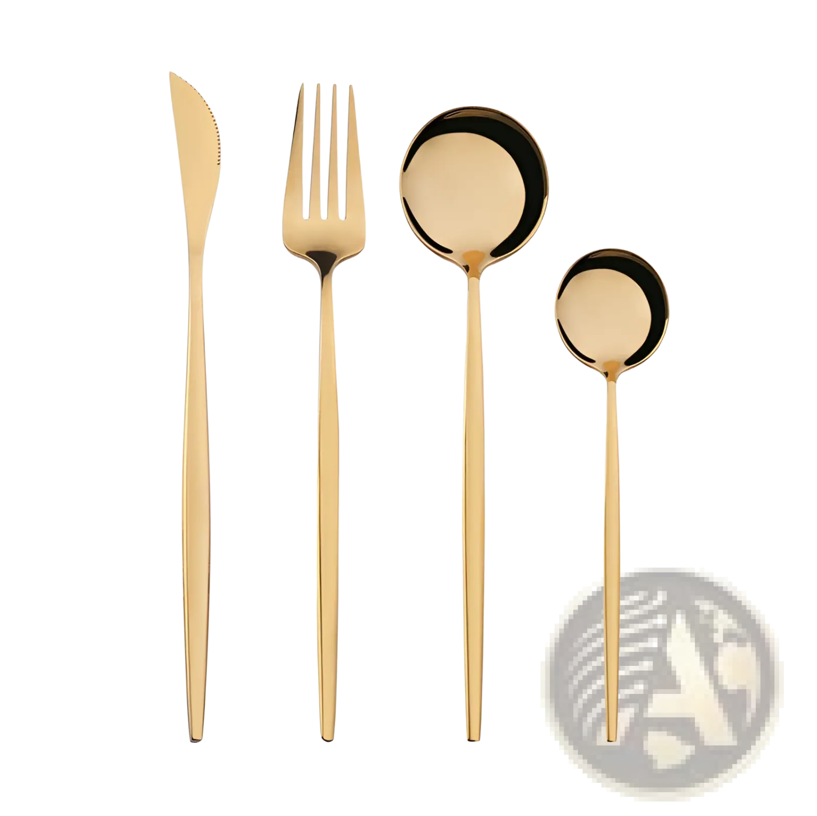 Stainless steel cutlery set with green gold handles featuring sleek modern design and polished surfaces