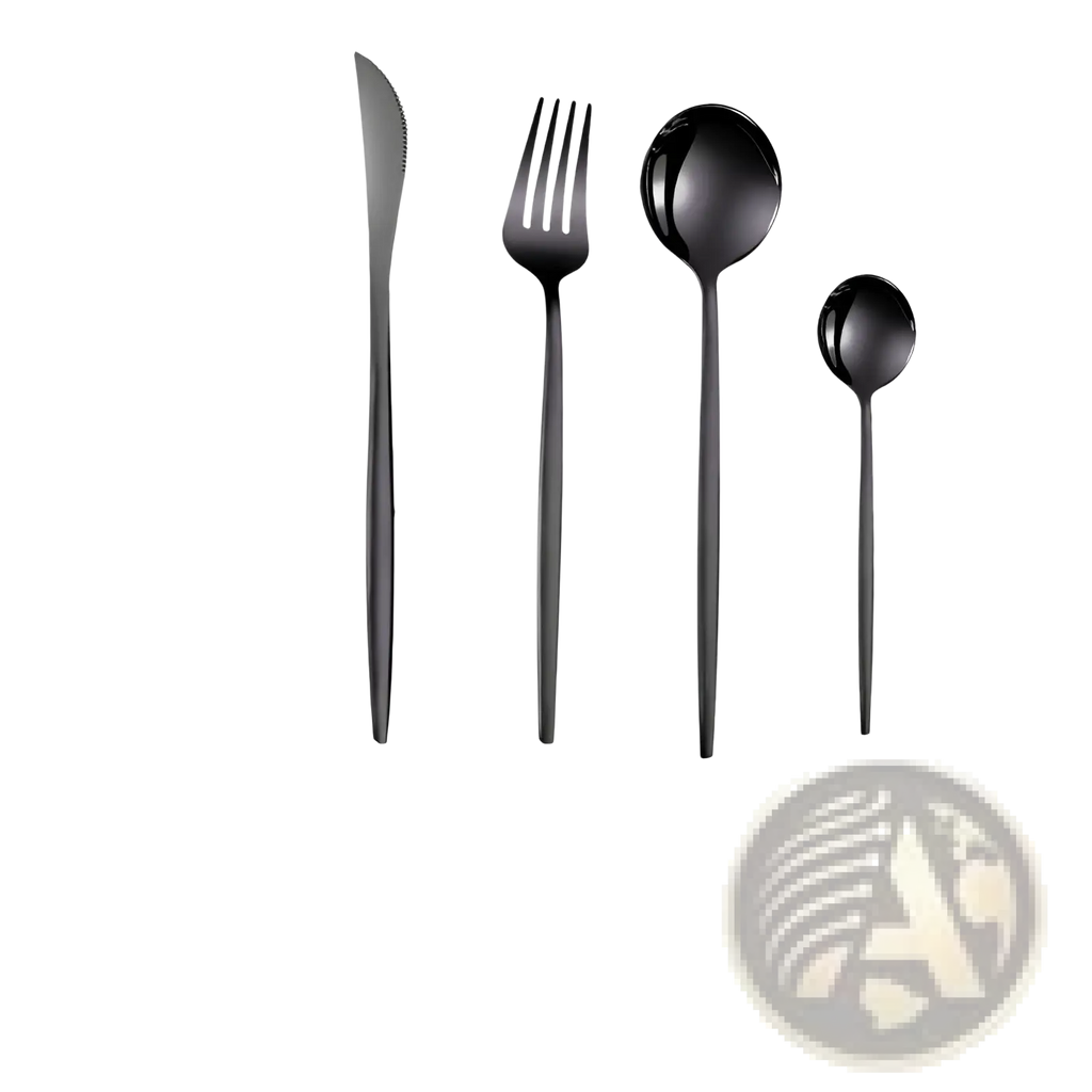 Black matte stainless steel cutlery set featuring knife fork and two spoons with sleek green gold handles and modern design