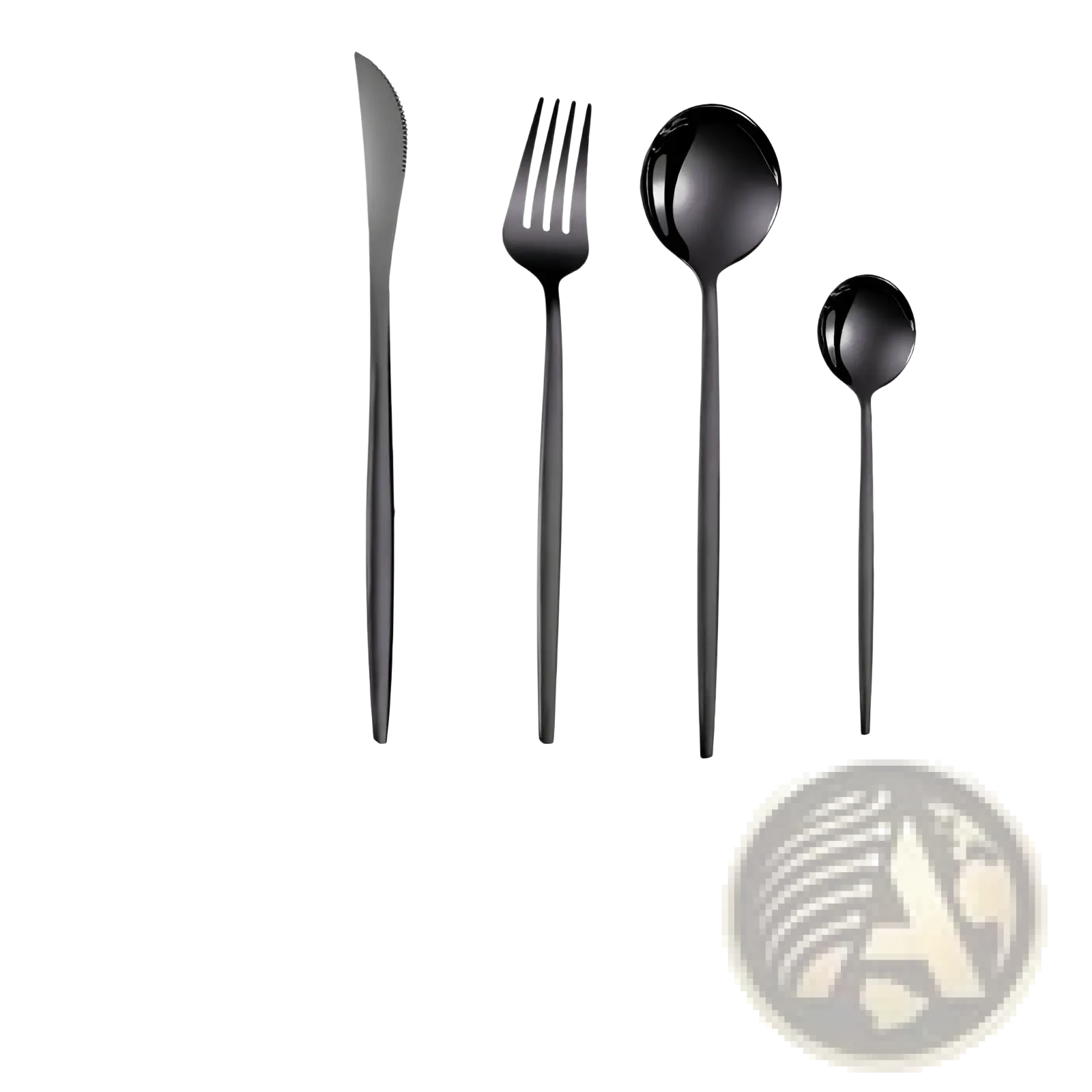 Black matte stainless steel cutlery set featuring knife fork and two spoons with sleek green gold handles and modern design
