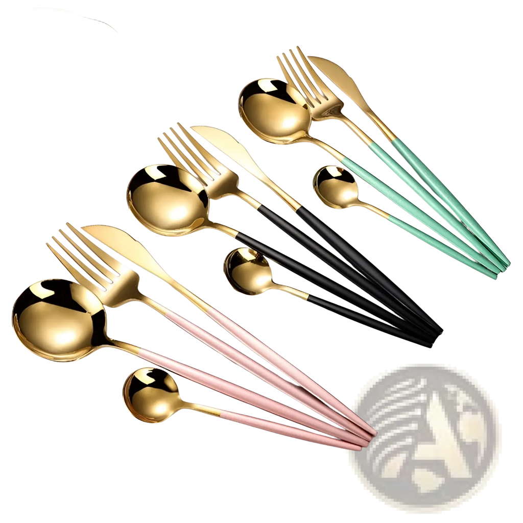 Stainless steel cutlery set with gold toned heads and handles in black rose gold and mint green colors