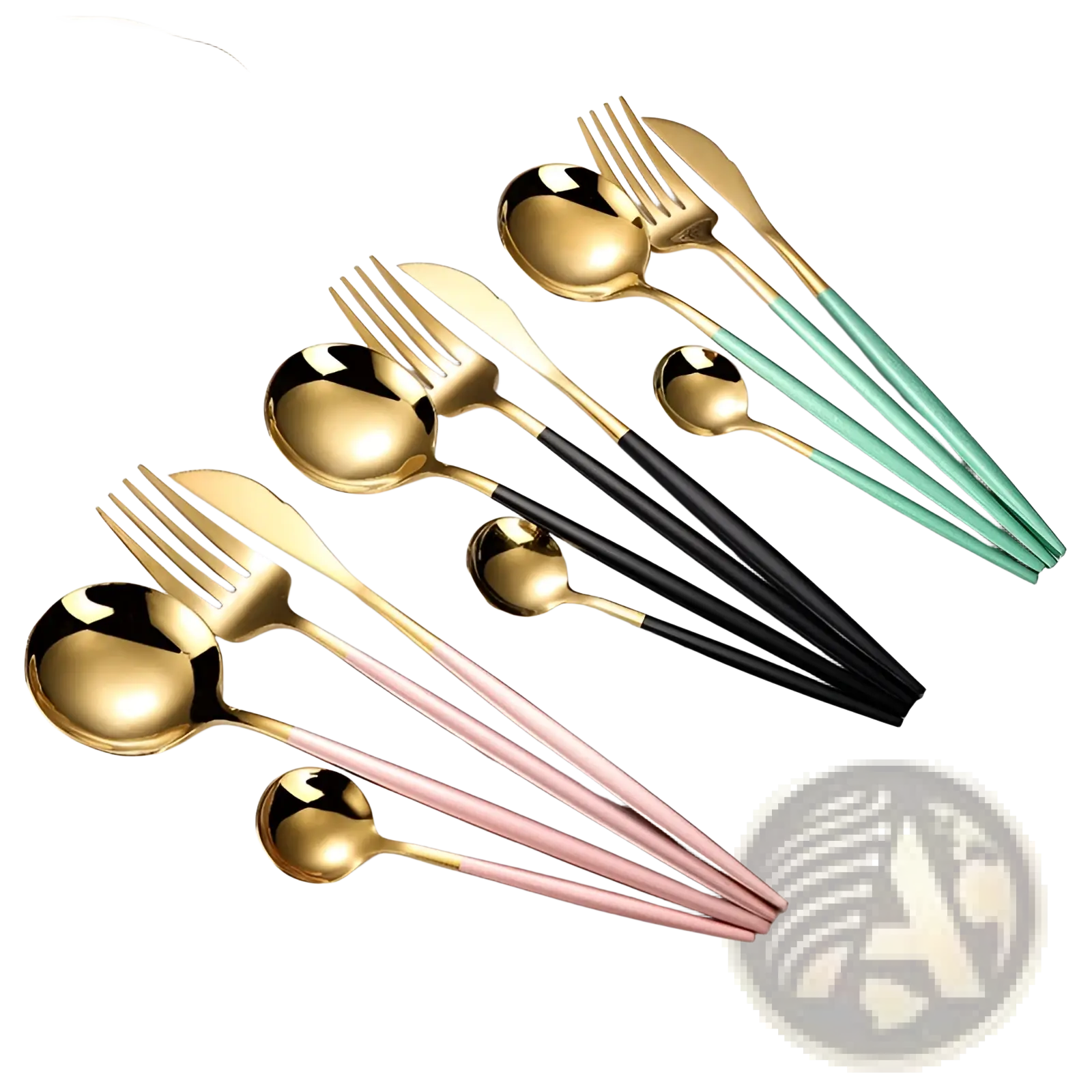 Stainless steel cutlery set with gold toned heads and handles in black rose gold and mint green colors