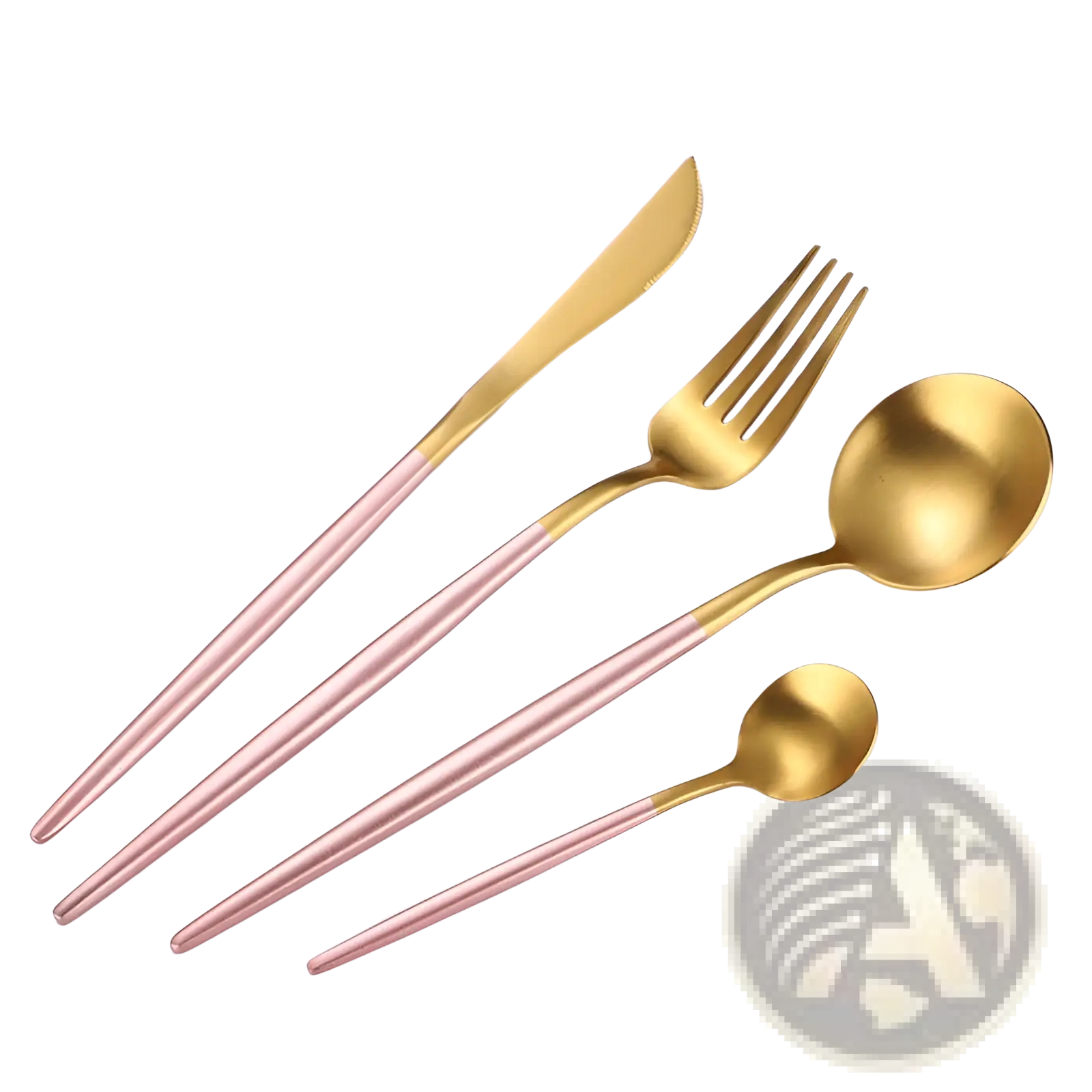 Stainless steel cutlery set with green gold handles featuring sleek rose gold and brass two-tone knife fork spoon and dessert spoon