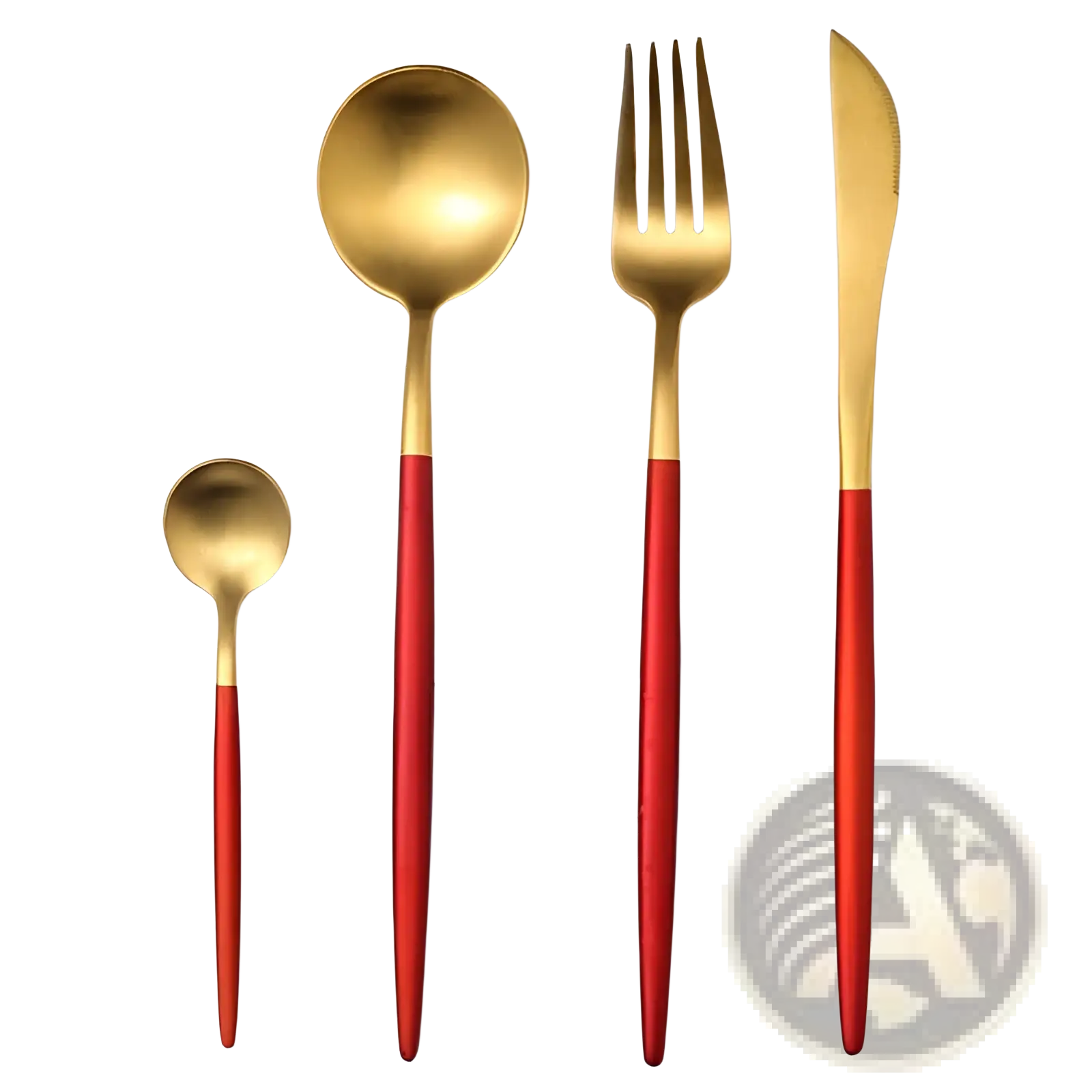 Stainless steel cutlery set with gold and red two-tone matte-finished handles featuring modern sleek design