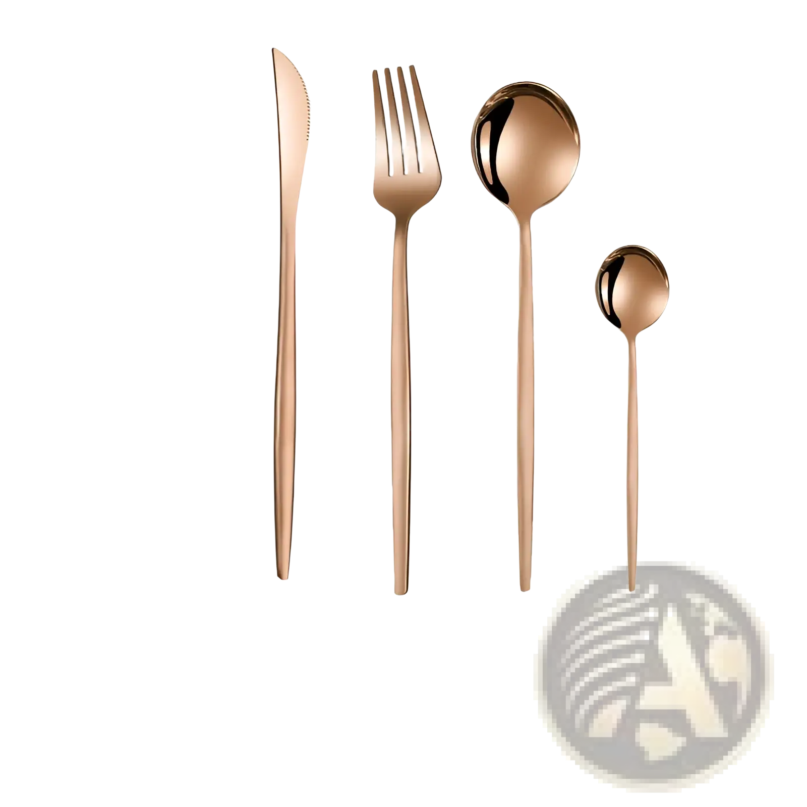 Rose gold-toned stainless steel cutlery set with sleek modern design and polished blades and handles