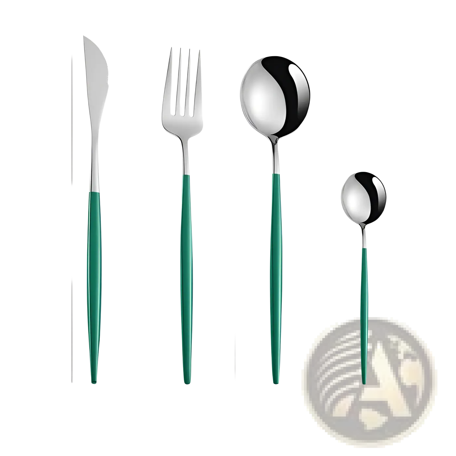 Set of four stainless steel cutlery pieces with sleek silver heads and vibrant green gold handles in minimalist design