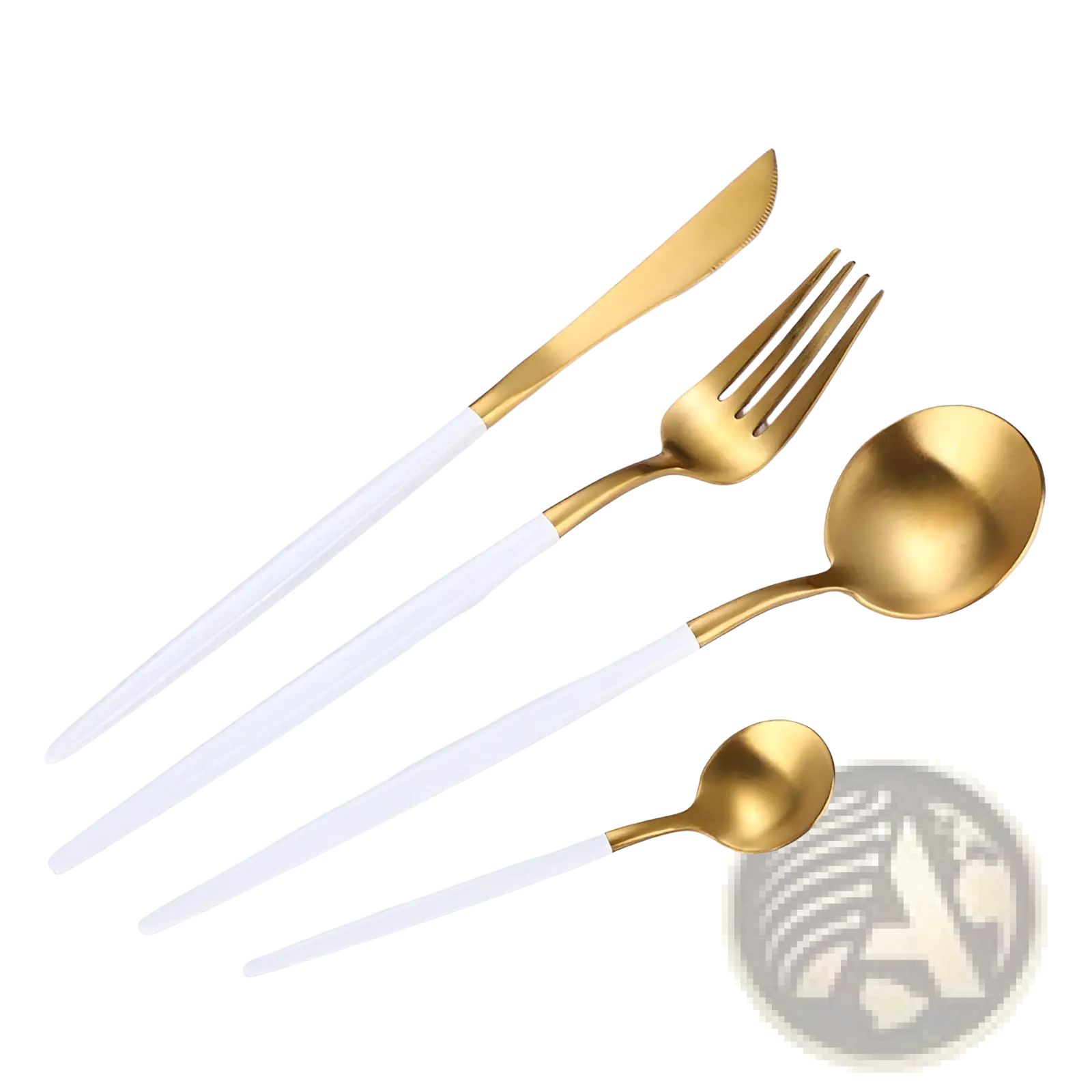Stainless steel cutlery set with gold-tipped white handles featuring a sleek modern design