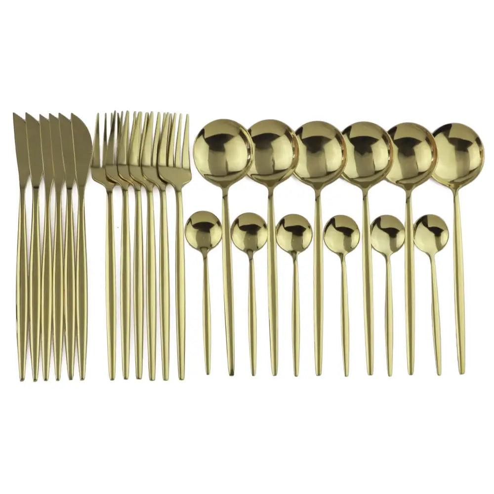 Modern gold polished stainless steel flatware set with sleek design in a gold-toned finish for elegant dining