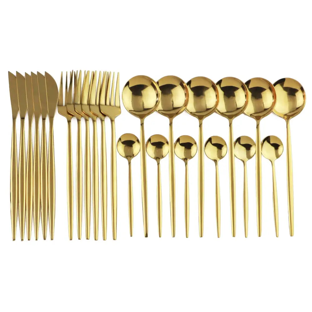 Modern gold polished stainless steel flatware set featuring golden stainless steel cutlery with sleek modern design