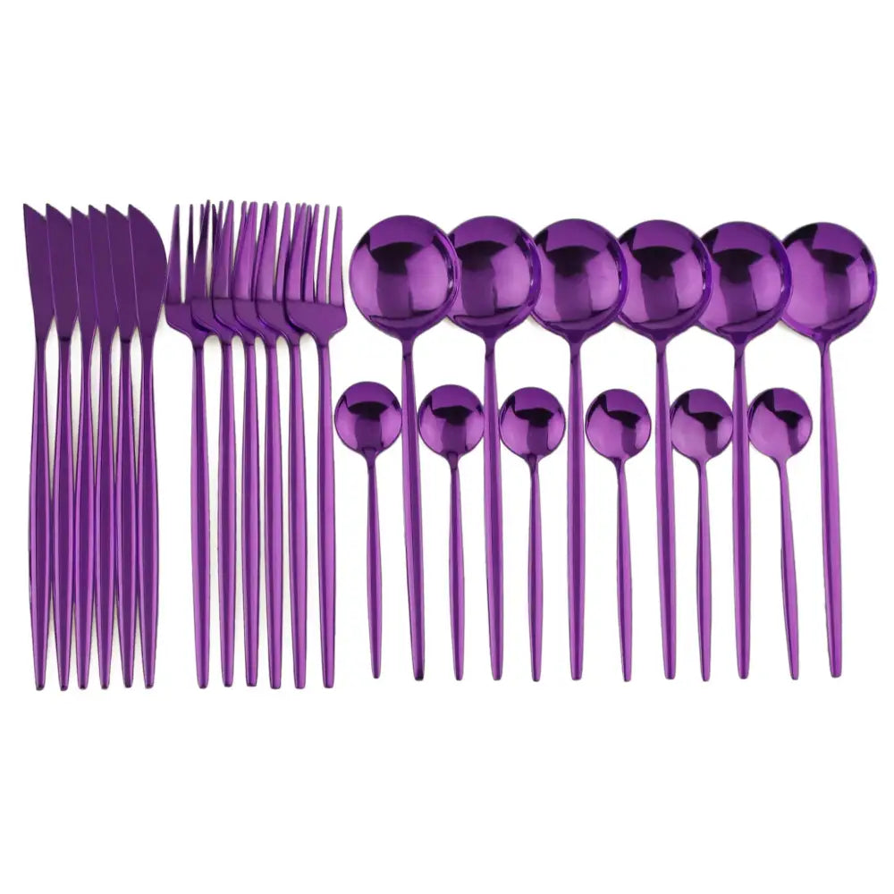Modern gold polished stainless steel flatware set featuring purple metallic flatware with sleek modern reflective finish