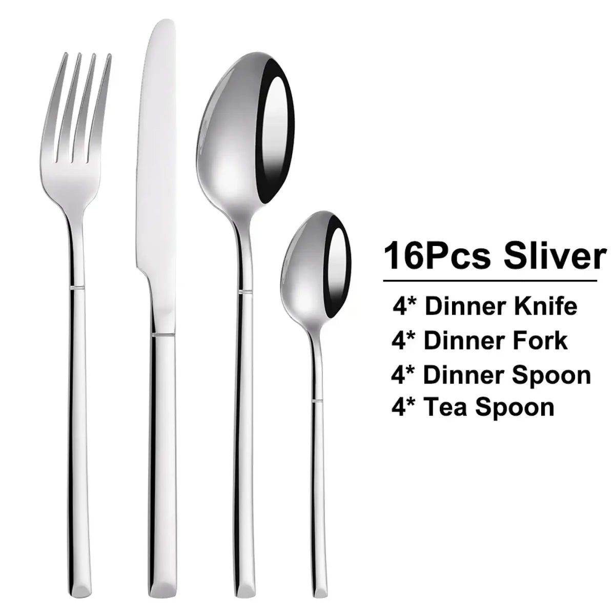 Stainless steel cutlery set mirror finish flatware with shiny polished surfaces and modern minimalist sleek handles