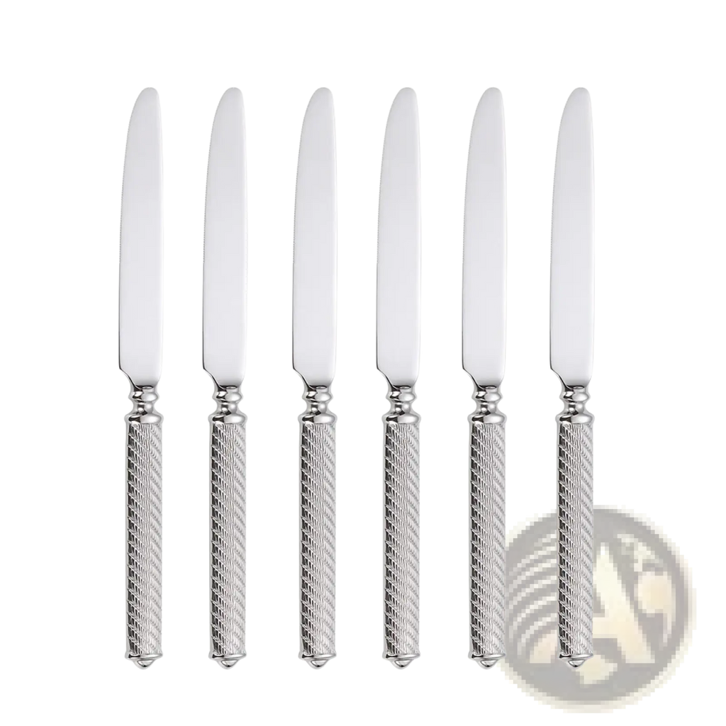 Set of six silver stainless steel dinner knives with textured twisted metal handles from mirror finish cutlery set