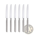 Set of six silver stainless steel dinner knives with textured twisted metal handles from mirror finish cutlery set