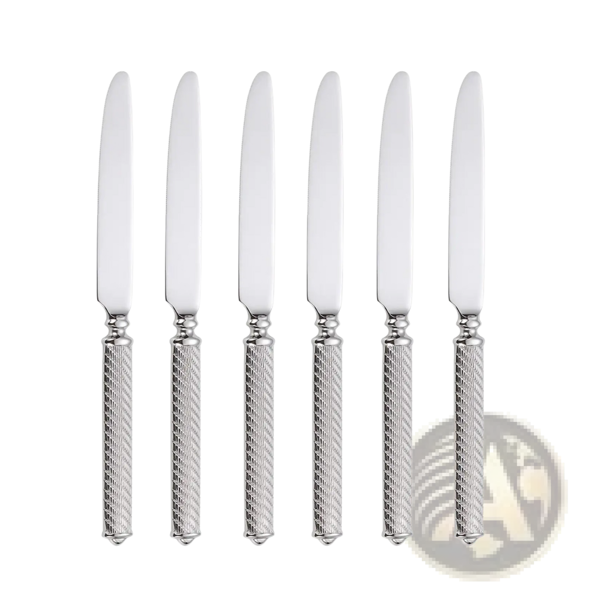 Set of six silver stainless steel dinner knives with textured twisted metal handles from mirror finish cutlery set