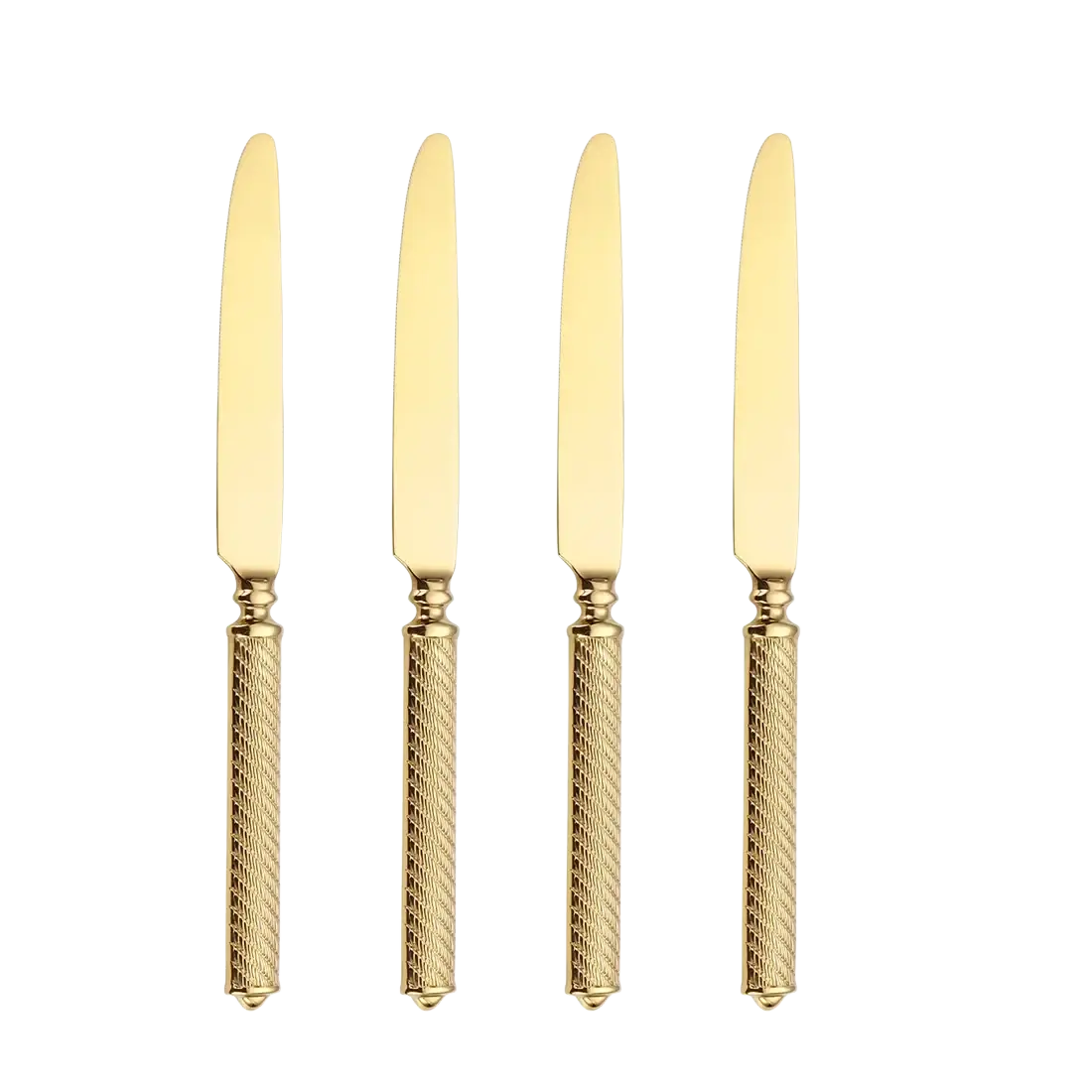 Set of four gold stainless steel dinner knives with textured diamond-patterned handles and mirror finish flatware